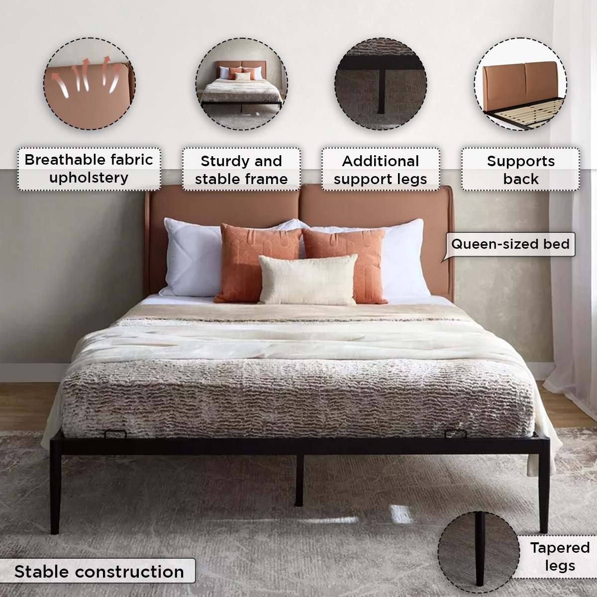 Movo Urban Napier Upholstered Metal Queen Bed - 160x200 cm-hbxbedroom-bedsandbedsets-beds-queen-image-5