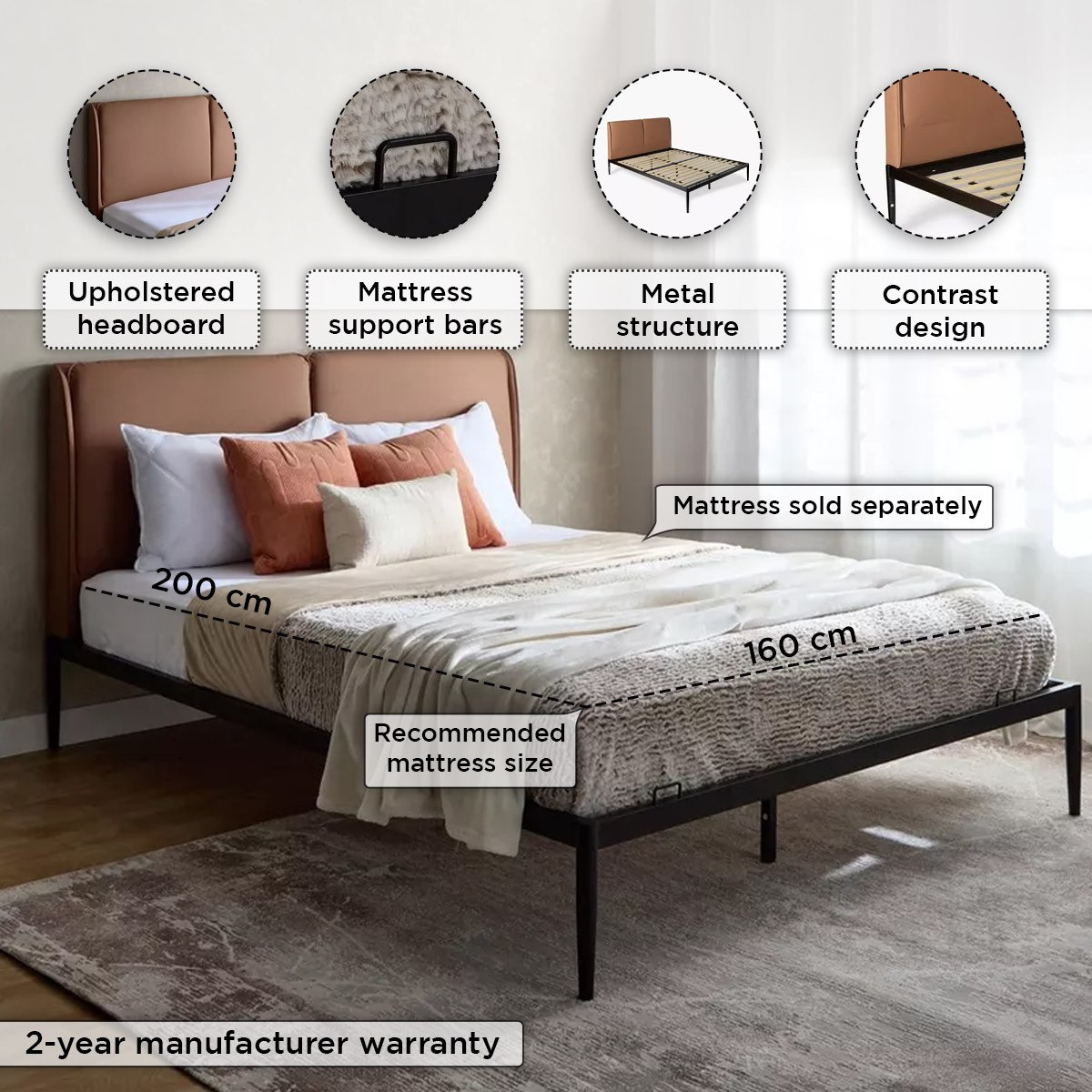 Movo Urban Napier Upholstered Metal Queen Bed - 160x200 cm-hbxbedroom-bedsandbedsets-beds-queen-image-4