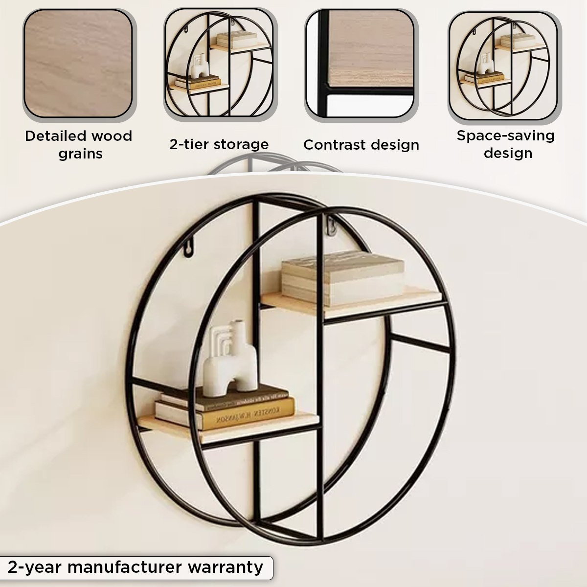 Urban Circle 2-Tier Metal Shelf - 36.5x10x36.5 cm-hbxfurniture-mediaunitsandstorage-wallshelves-image-4