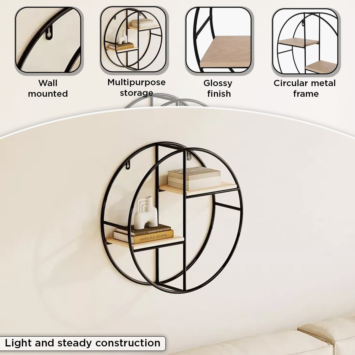 Urban Circle 2-Tier Metal Shelf - 36.5x10x36.5 cm-hbxfurniture-mediaunitsandstorage-wallshelves-image-5