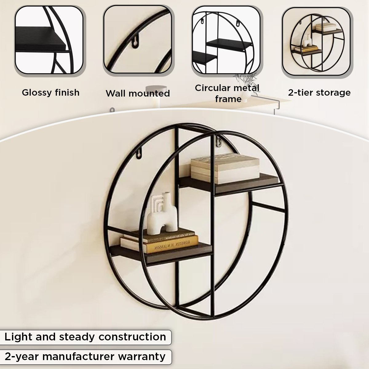 Urban Circle 2-Tier Metal Shelf - 36.5x10x36.5 cm-hbxfurniture-mediaunitsandstorage-wallshelves-image-4
