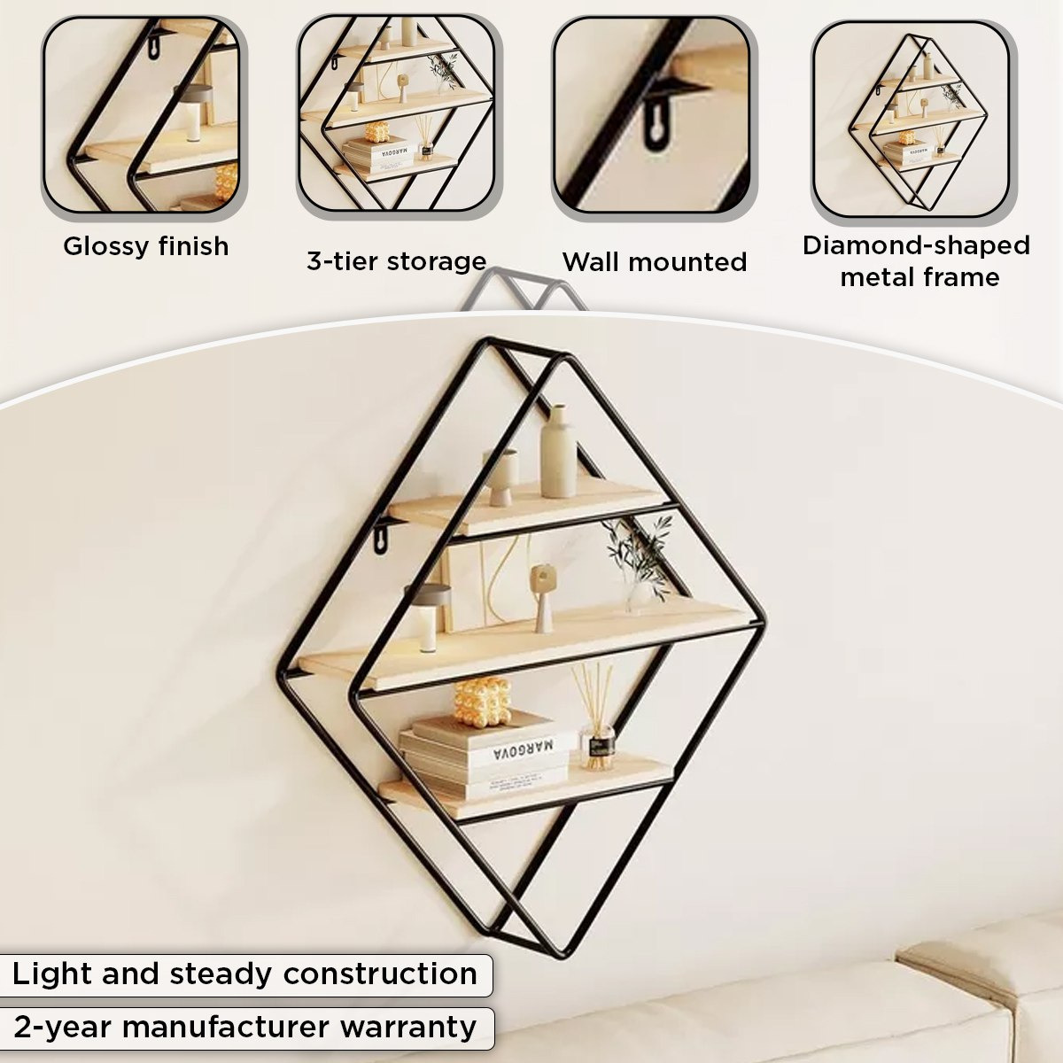 Urban Diamond 3-Tier Metal Shelf - 41.5x11x50 cm-hbxfurniture-mediaunitsandstorage-wallshelves-image-4