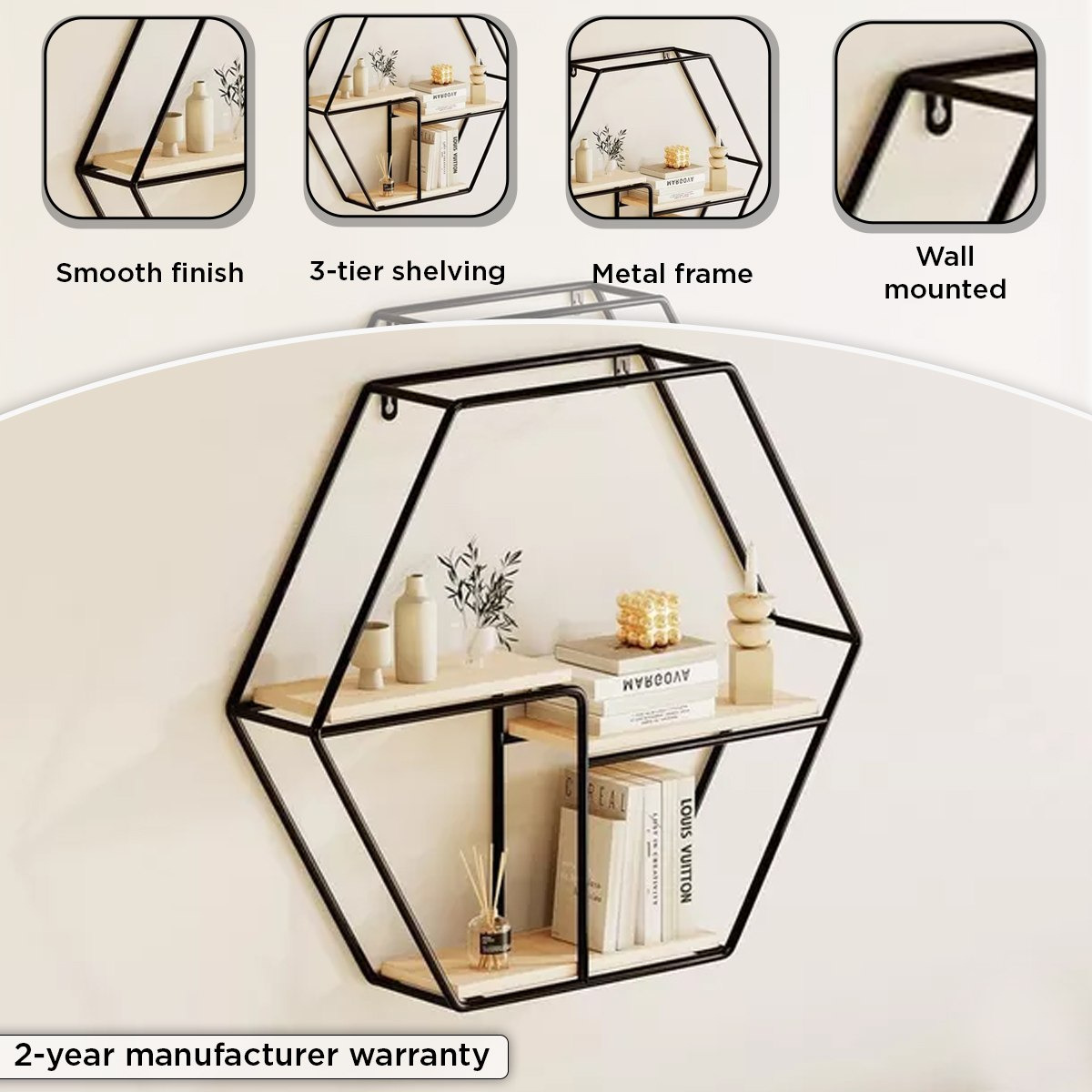 Urban Hexagon 3-Tier Metal Shelf - 48x10x42 cm-hbxfurniture-mediaunitsandstorage-wallshelves-image-4