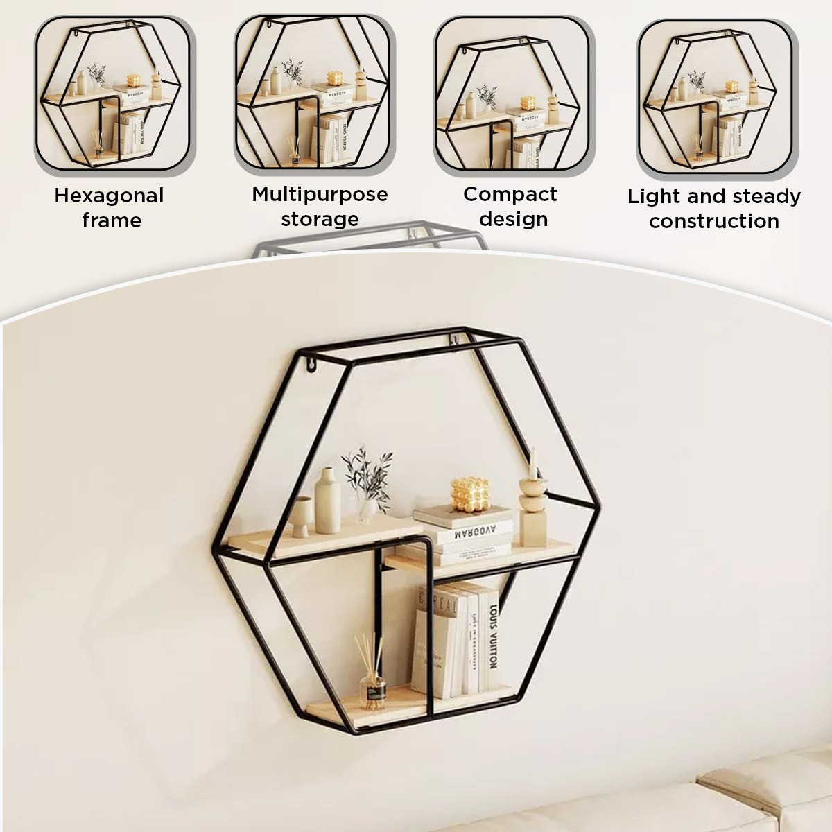 Urban Hexagon 3-Tier Metal Shelf - 48x10x42 cm-hbxfurniture-mediaunitsandstorage-wallshelves-image-5