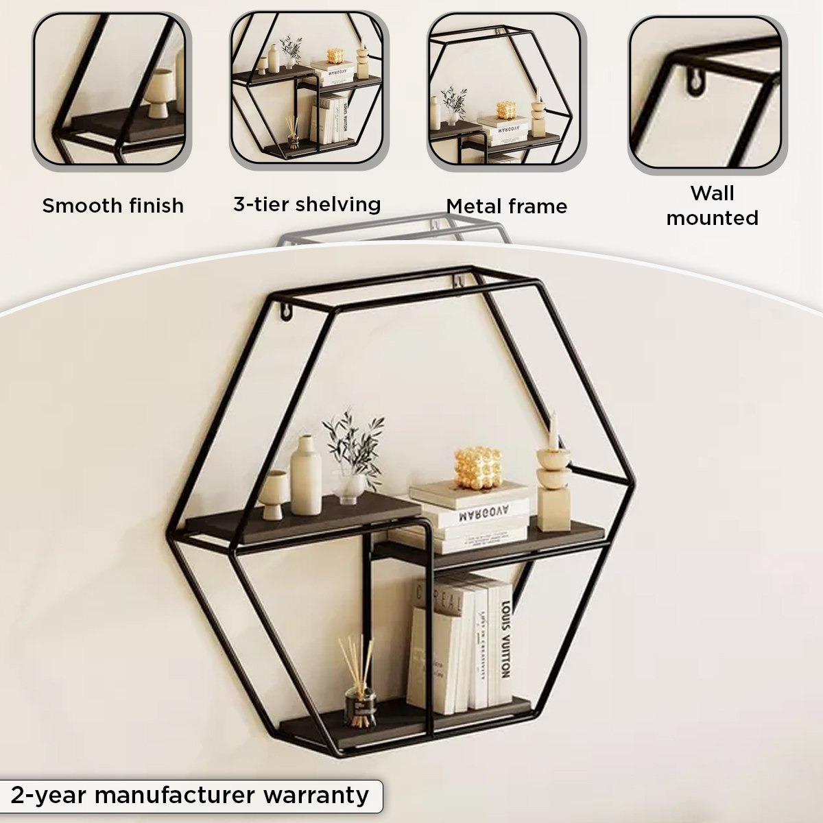 رف معدني 3 طبقات بتصميم سداسي من إيربان - 48x10x42 سم-hbxfurniture-mediaunitsandstorage-wallshelves-image-4