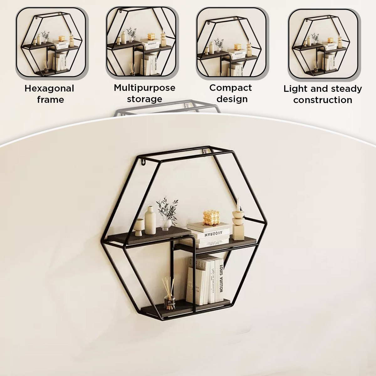 رف معدني 3 طبقات بتصميم سداسي من إيربان - 48x10x42 سم-hbxfurniture-mediaunitsandstorage-wallshelves-image-5