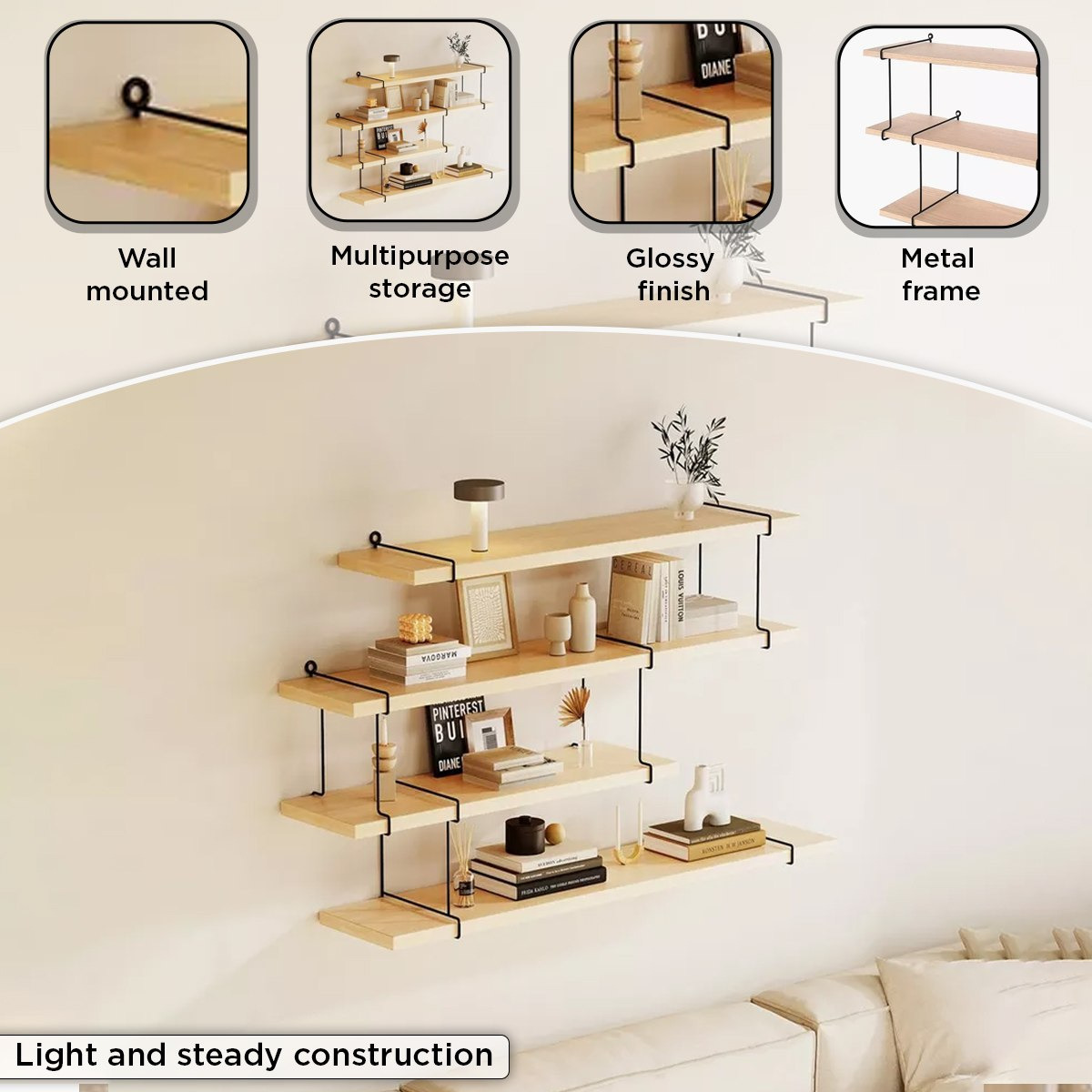 Urban 4-Tier Metal Shelf - 80x17x47 cm-hbxfurniture-mediaunitsandstorage-wallshelves-image-5