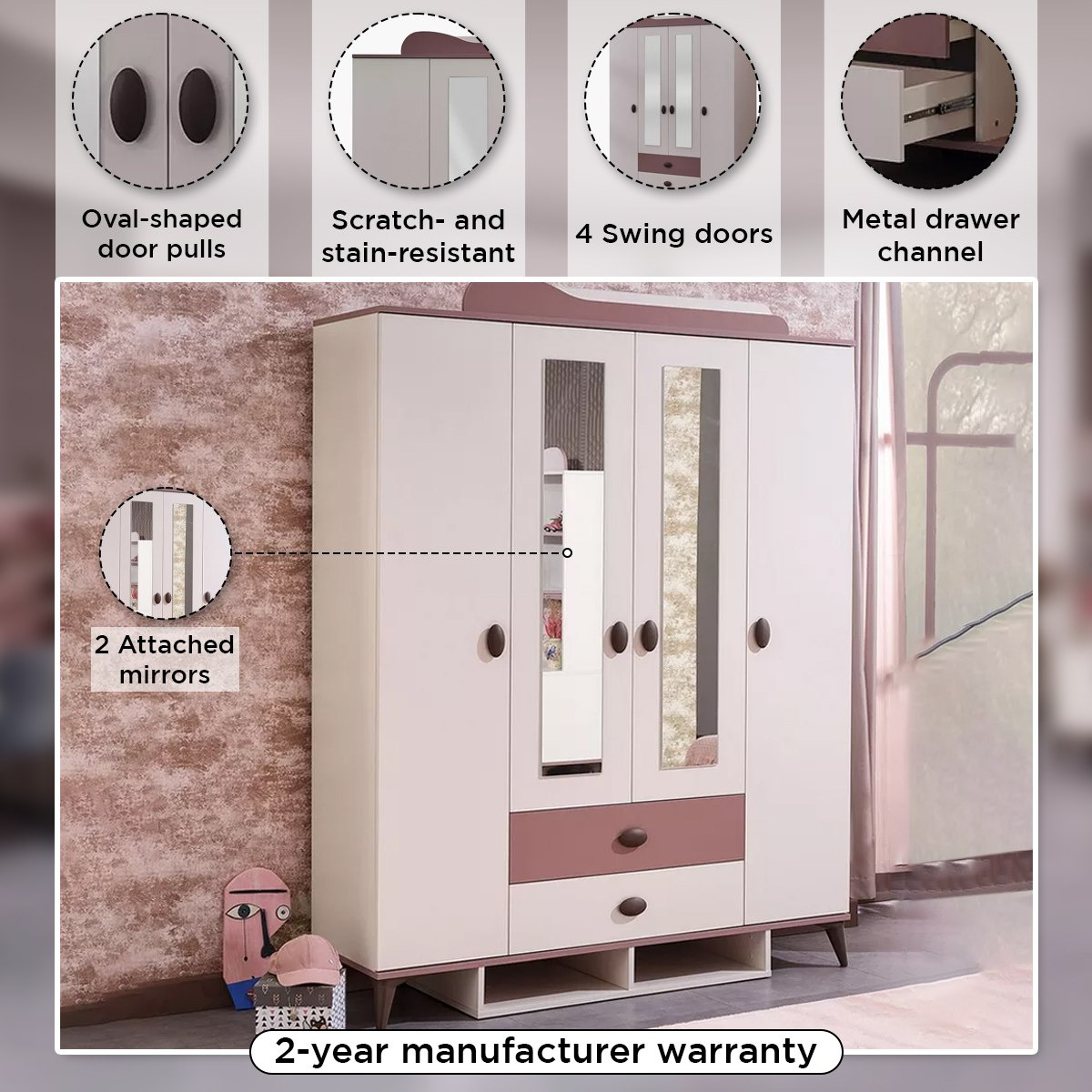 Maybelle 4-Door Wardrobe with 2 Drawers and 2 Mirrors-hbxfurniture-wardrobes-image-5