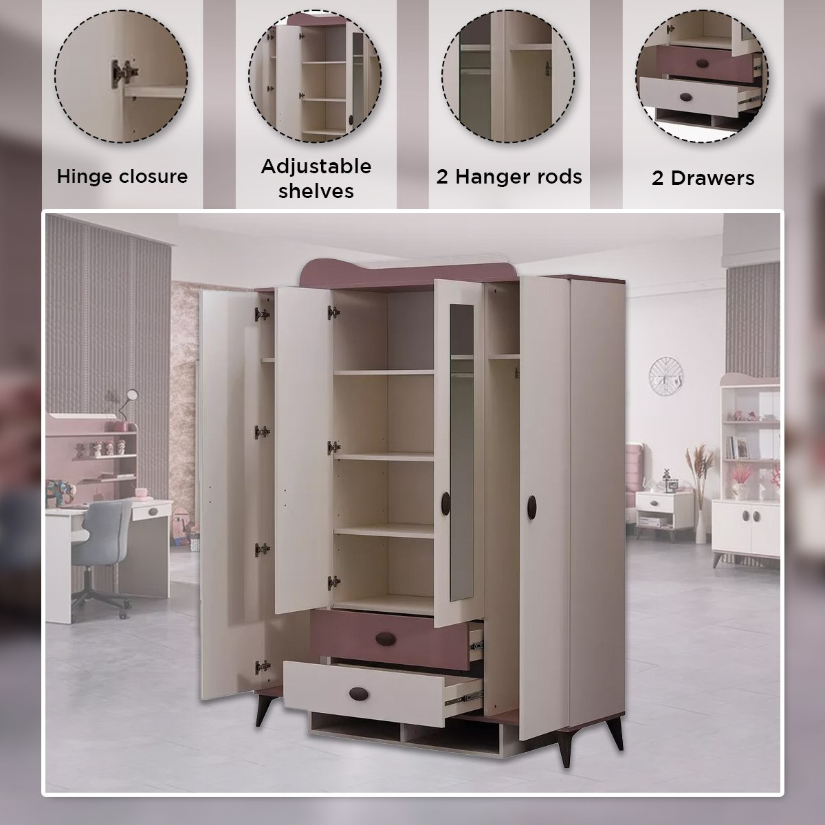 Maybelle 4-Door Wardrobe with 2 Drawers and 2 Mirrors-hbxfurniture-wardrobes-image-6