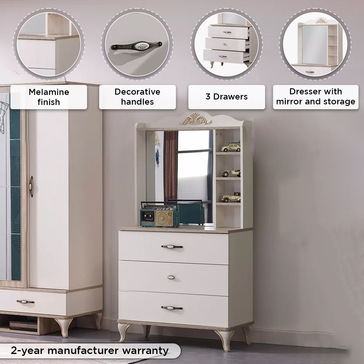 Buy Meadow 3 Drawer Dresser With Mirror Storage and Shelves Online in UAE Homebox