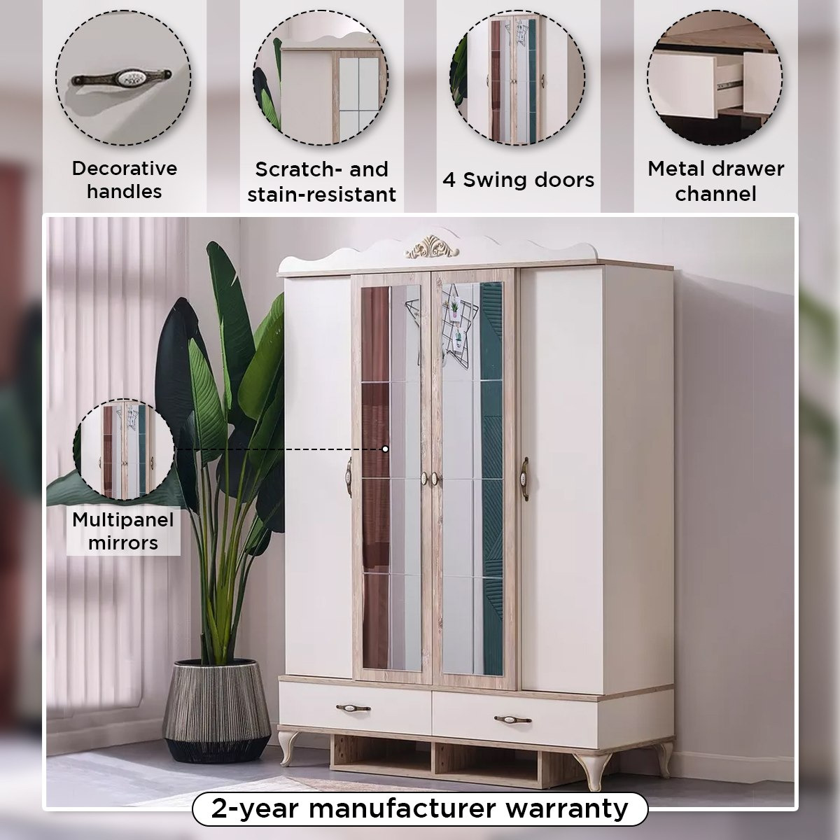 Meadow 4-Door Wardrobe with 2-Drawers and 2-Mirrors-hbxfurniture-wardrobes-image-5