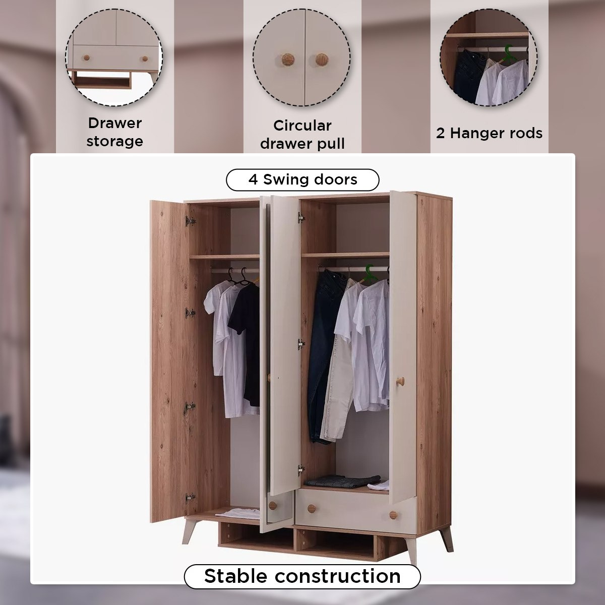 خزانة ملابس 4 أبواب مع درج ومرآة - نابولي من موڤو-hbxfurniture-wardrobes-image-6