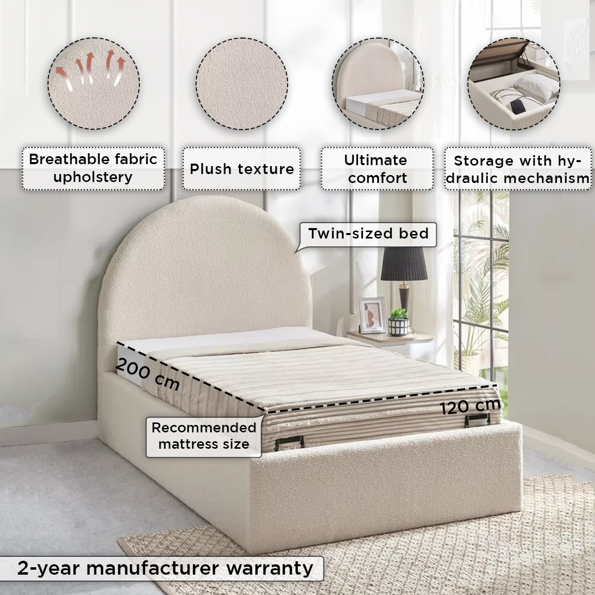 iCloud Upholstered Twin Bed with Hydraulic Storage - 120x200 cm-hbxbedroom-bedsandbedsets-upholsteredbeds-twin-image-7