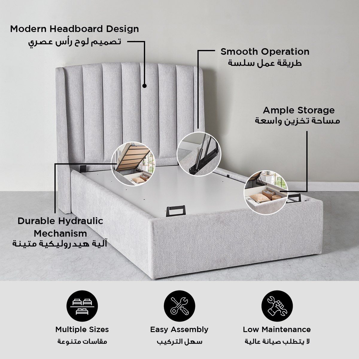 Movo Maine Lewis Hydraulic Storage Twin Upholstered Bed - 120x200 cm-hbxbedroom-bedsandbedsets-upholsteredbeds-twin-image-8