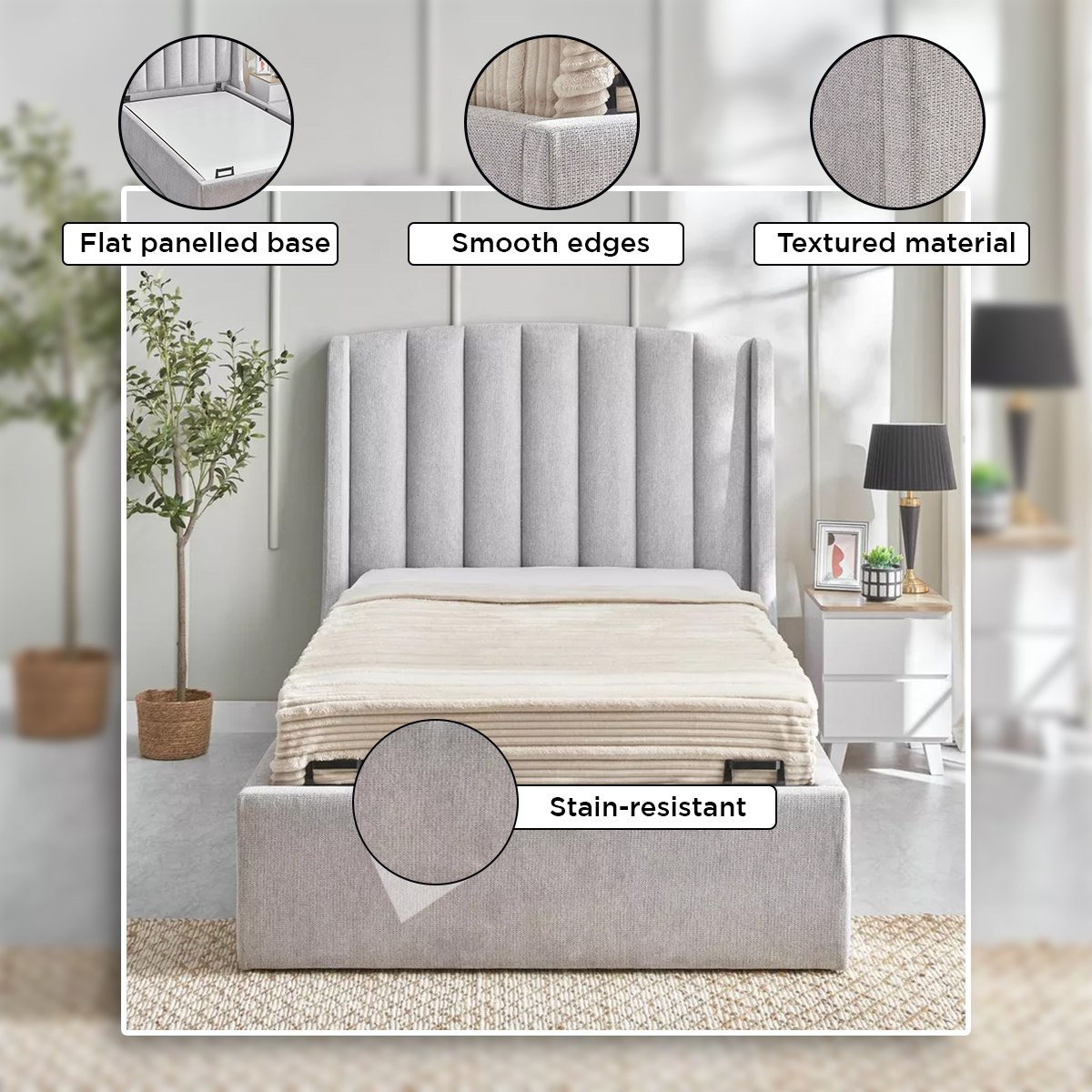 Movo Maine Lewis Hydraulic Storage Twin Upholstered Bed - 120x200 cm-hbxbedroom-bedsandbedsets-upholsteredbeds-twin-image-4
