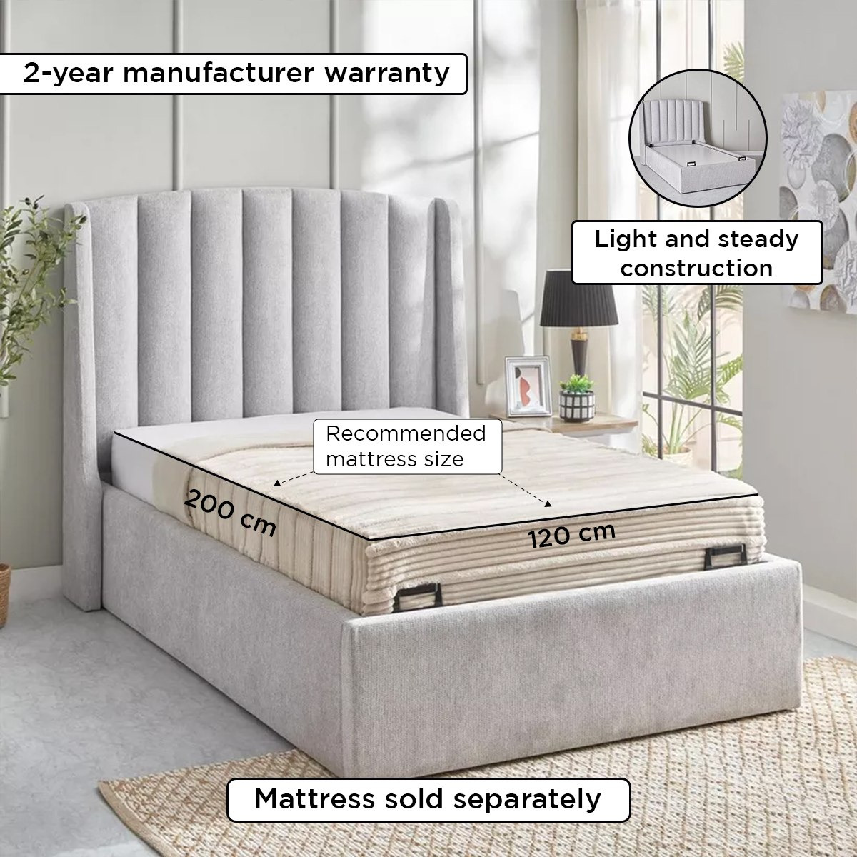 Movo Maine Lewis Hydraulic Storage Twin Upholstered Bed - 120x200 cm-hbxbedroom-bedsandbedsets-upholsteredbeds-twin-image-6