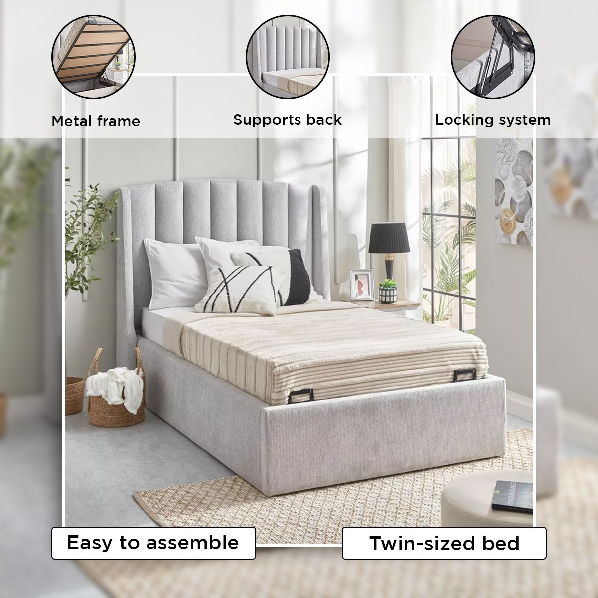 Movo Maine Lewis Hydraulic Storage Twin Upholstered Bed - 120x200 cm-hbxbedroom-bedsandbedsets-upholsteredbeds-twin-image-7