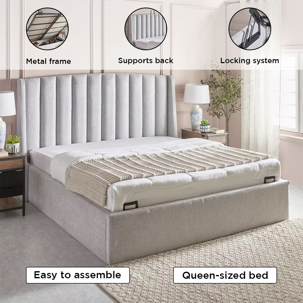 Movo Maine Lewis Hydraulic Storage Upholstered Queen Bed - 160x200 cm-hbxbedroom-bedsandbedsets-beds-queen-image-9