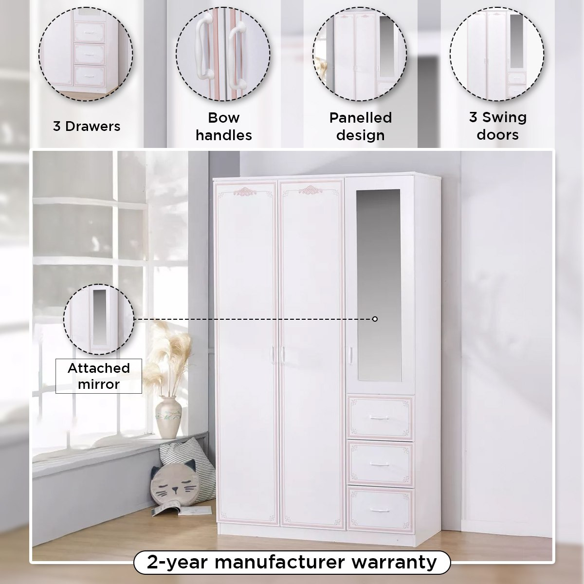 خزانة ملابس 3 أبواب مع مرآة و 3 أدراج - هازل من موڤو-hbxfurniture-wardrobes-image-4