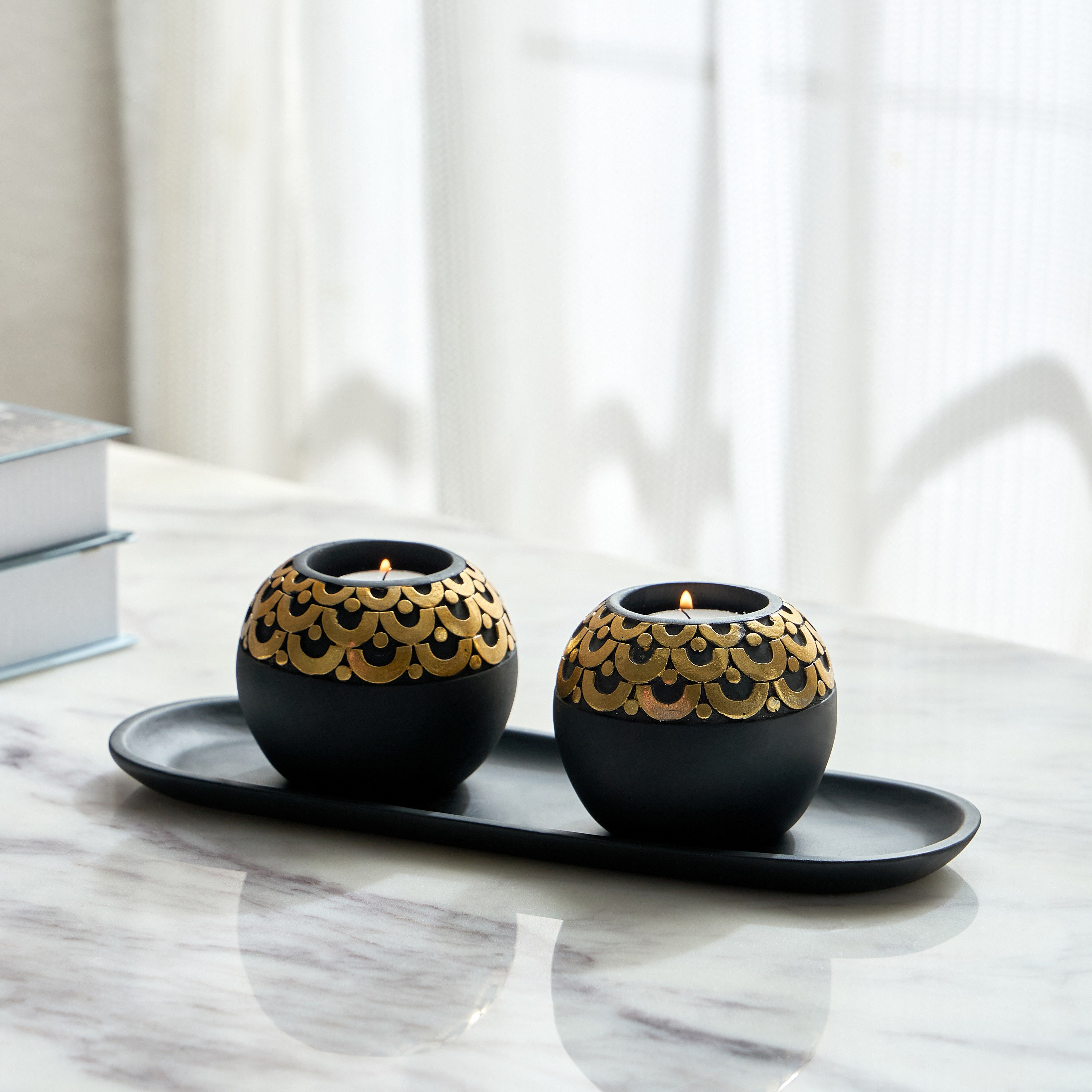 طقم صينية ديكور وحامل شموع بوليريسين 3 قطع من كالي-hbxlivingroom-decorandaccessories-candleholders-image-1