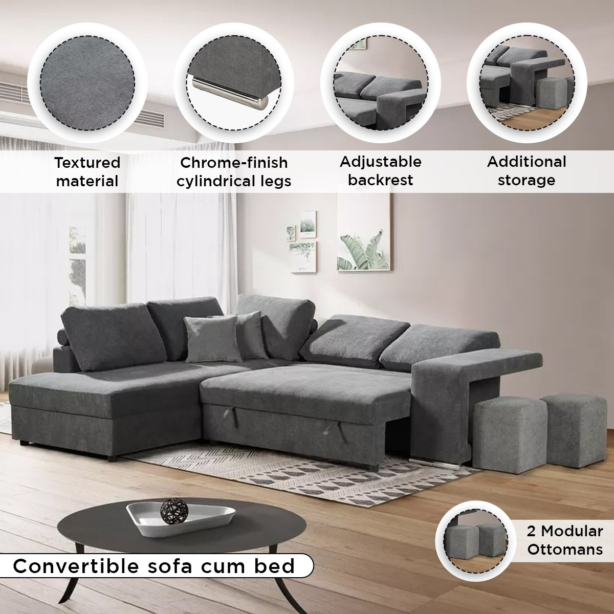 Halmstad 4 Seater Adjustable Backrest Left Corner Fabric Sofa Bed with 2 Cushions and 2 Ottomans