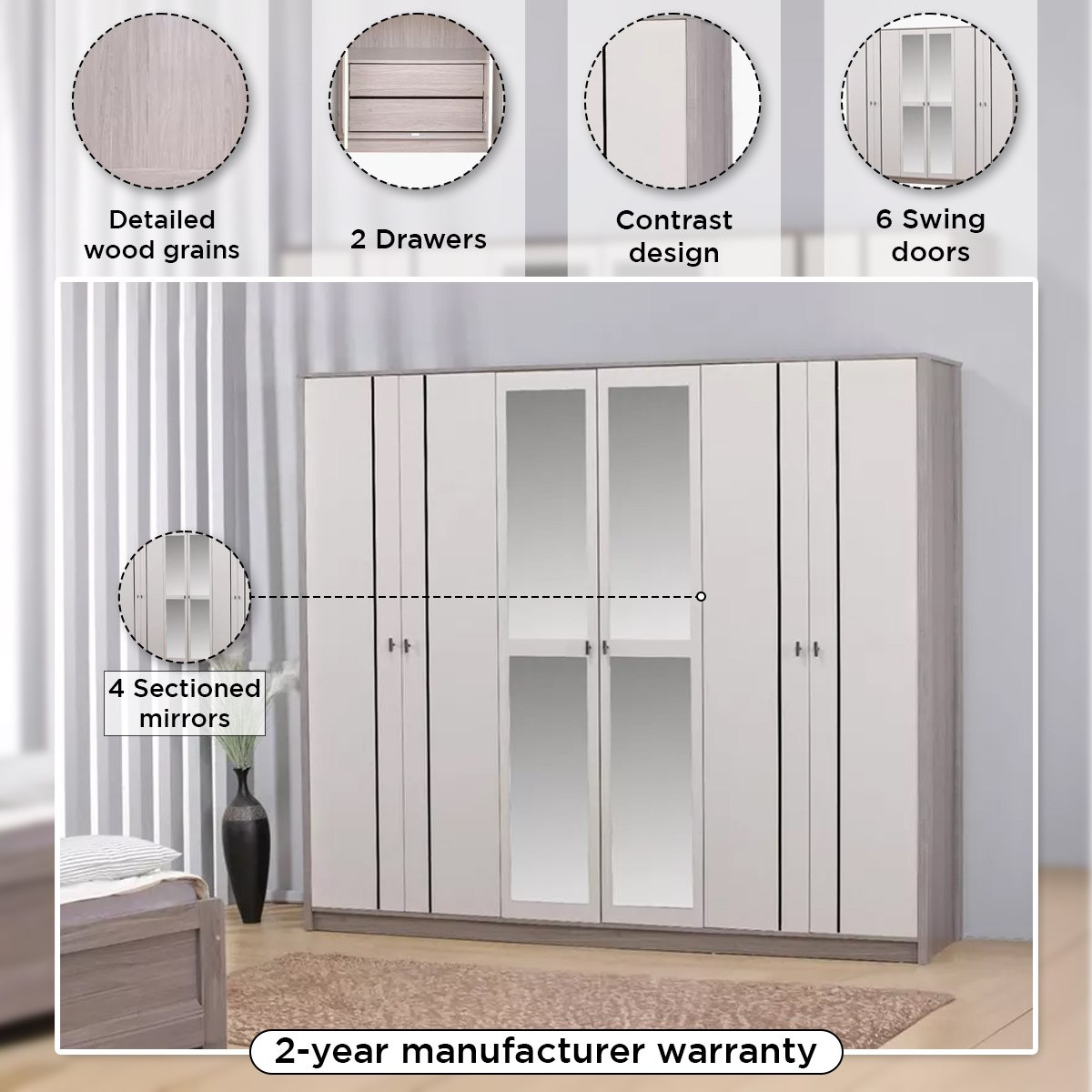 خزانة ملابس 6 أبواب بدرجين ومرآة من أونتاريو-hbxfurniture-wardrobes-image-4