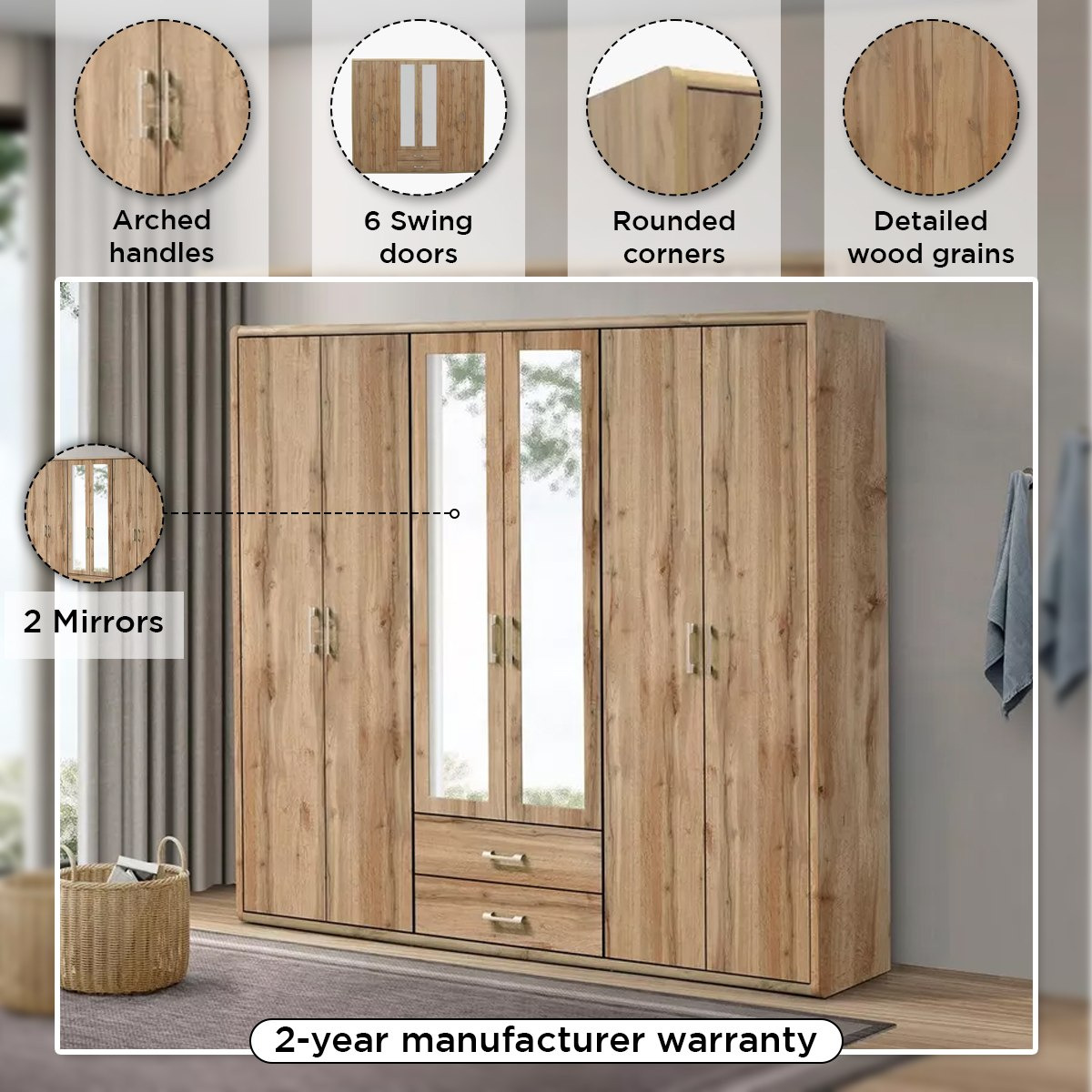 خزانة ملابس 6 أبواب مع درجين و2 مرآة - جورجيا من موڤو-hbxfurniture-wardrobes-image-4