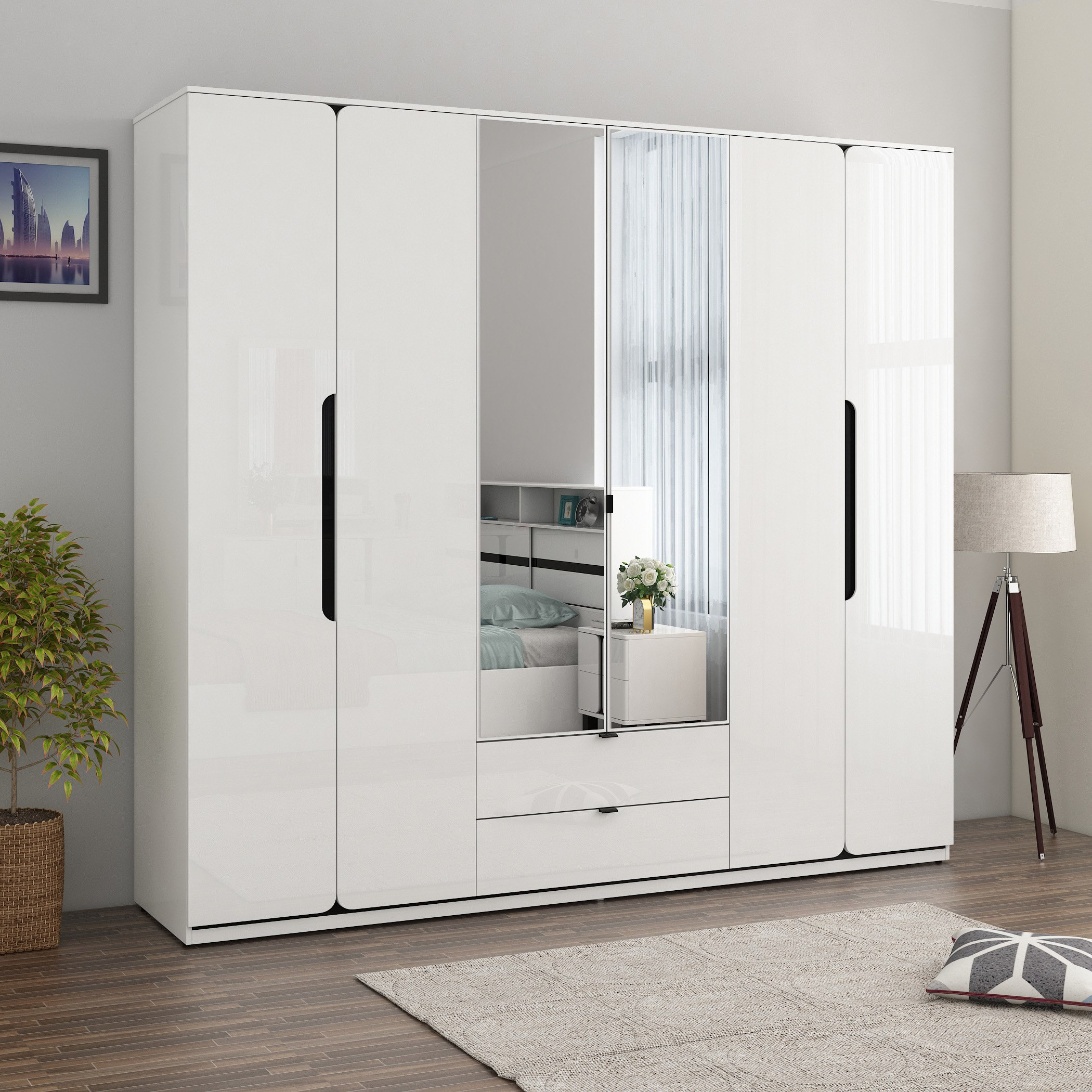 خزانة ملابس 6 أبواب ودرجين ومرآة شديدة اللمعان من براج-hbxfurniture-wardrobes-image-1