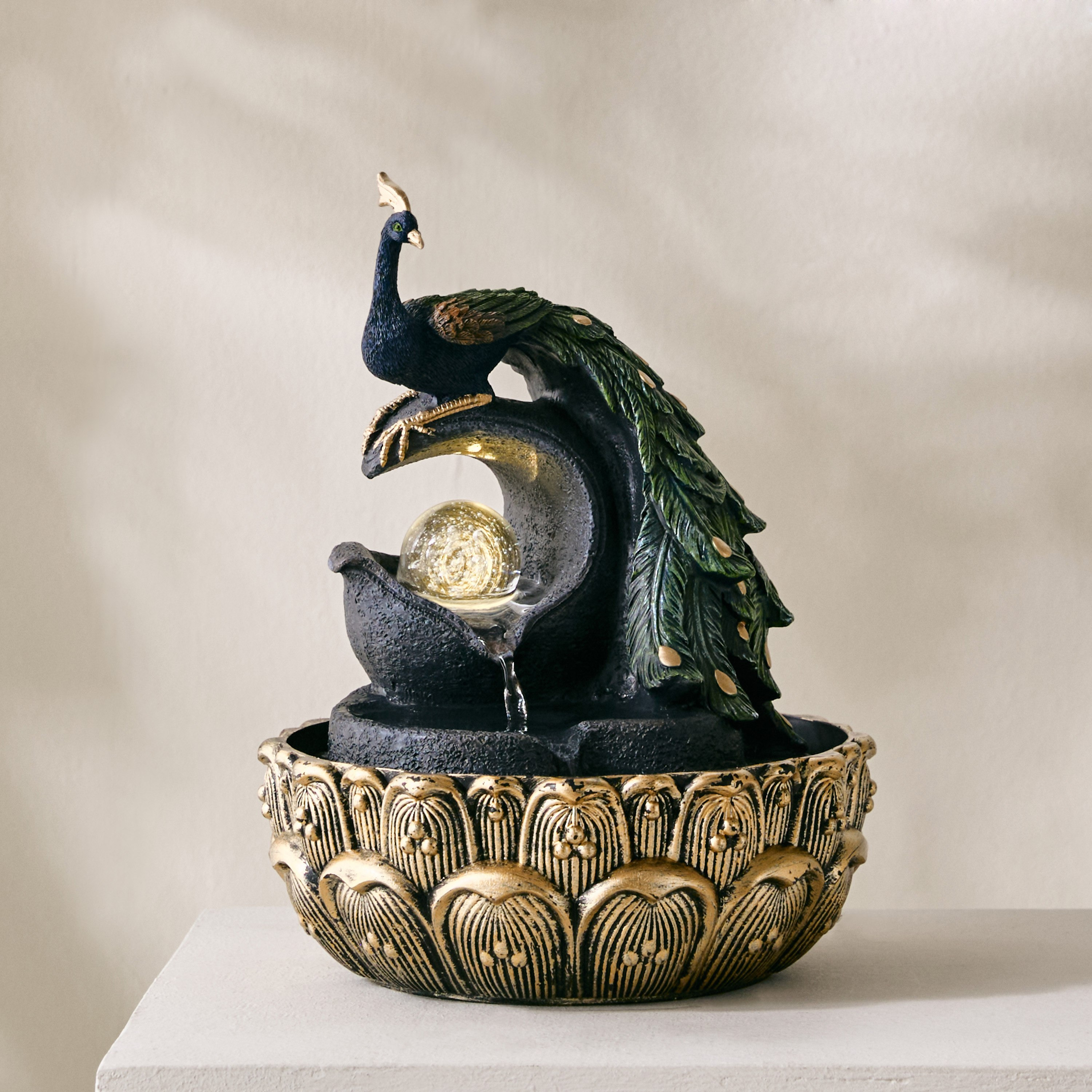 Belen Peacock Fountain with Rolling Ball and LED Light - 20x20x26 cm-PROMO_HB_BAH_THRESHOLD_Homeware_100426-image-1