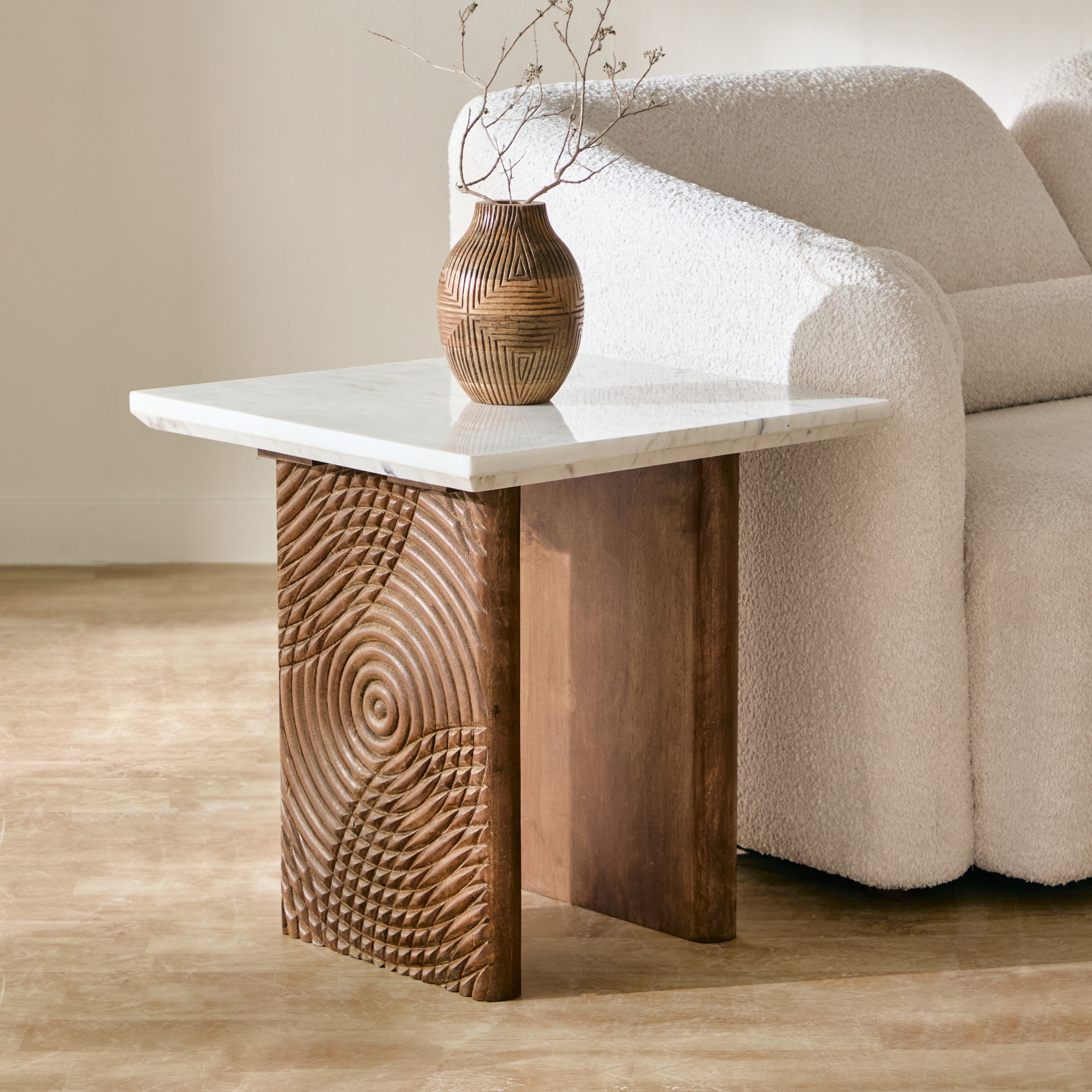 Vendra Engrave Genuine Marble Top End Table with Solid Wood Base-hbxfurniture-livingroom-endtables-image-1