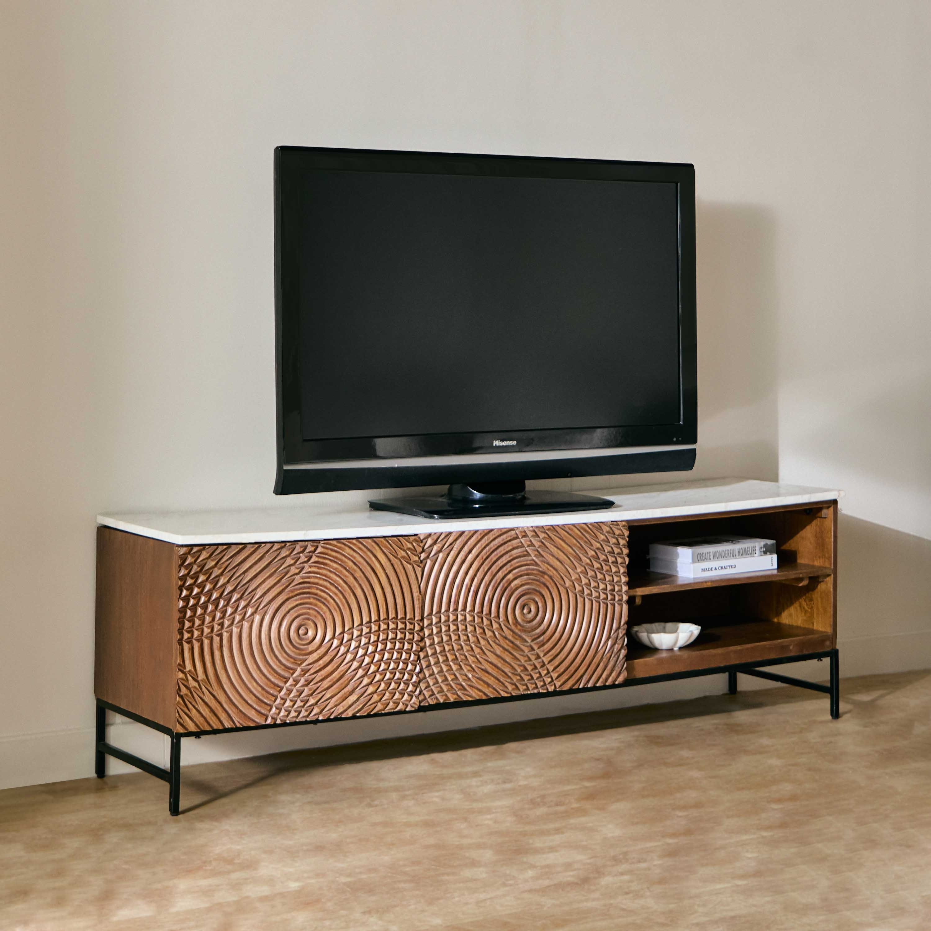 Vendra Engrave 1.6 Metre Solid Wood TV Unit with Genuine Marble Top for TVs up to 70 inches-hbxlivingroom-mediaunitsandstorage-tvunits-image-1
