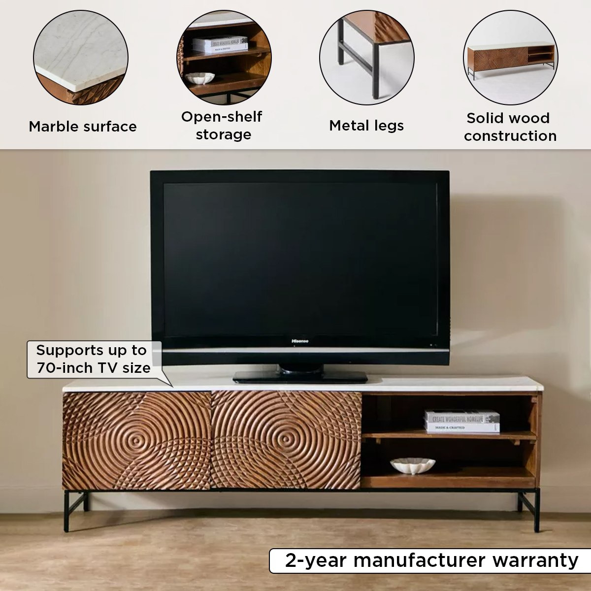 Vendra Engrave 1.6 Metre Solid Wood TV Unit with Genuine Marble Top for TVs up to 70 inches-hbxlivingroom-mediaunitsandstorage-tvunits-image-4