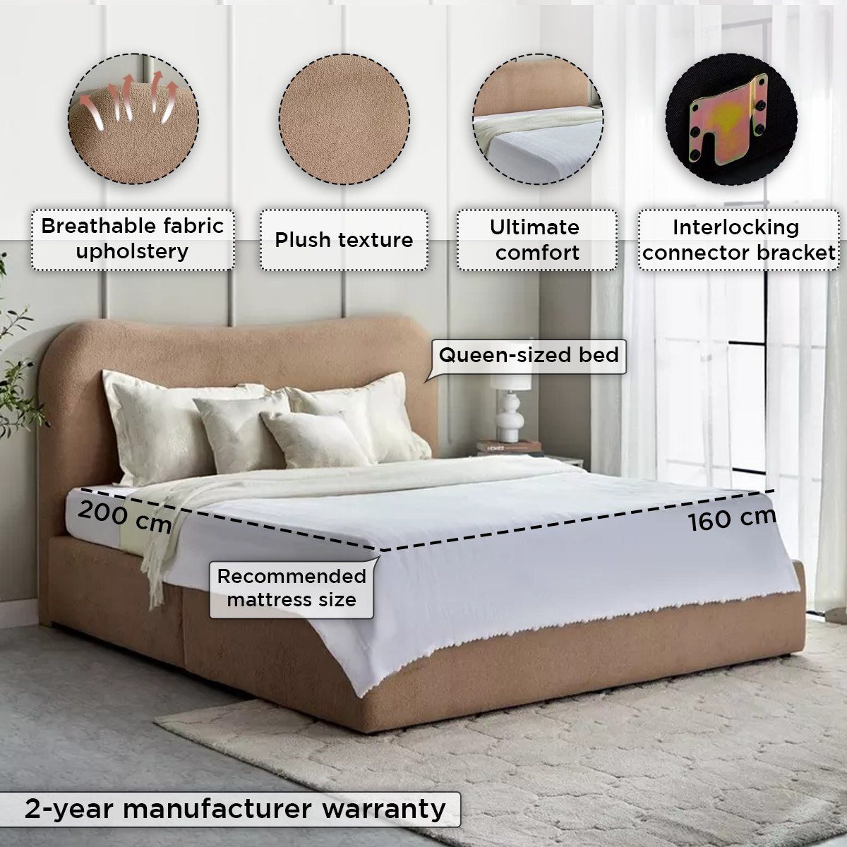 Movo Marwell Rizzoli Upholstered Queen Bed - 160x200 cm-hbxbedroom-bedsandbedsets-beds-queen-image-5