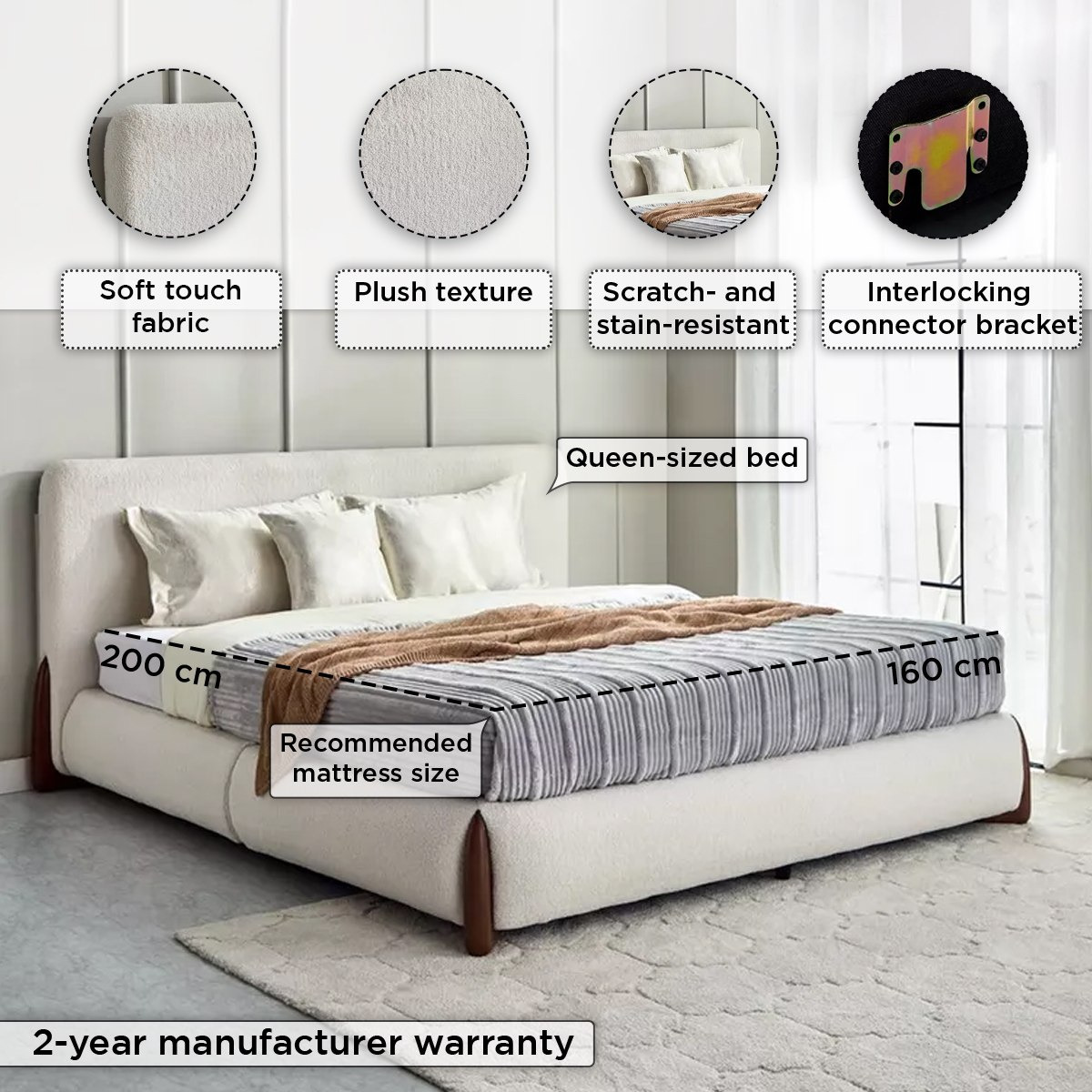 Movo Pearl Tuscany Upholstered Queen Bed - 160x200 cm-hbxbedroom-bedsandbedsets-beds-queen-image-5