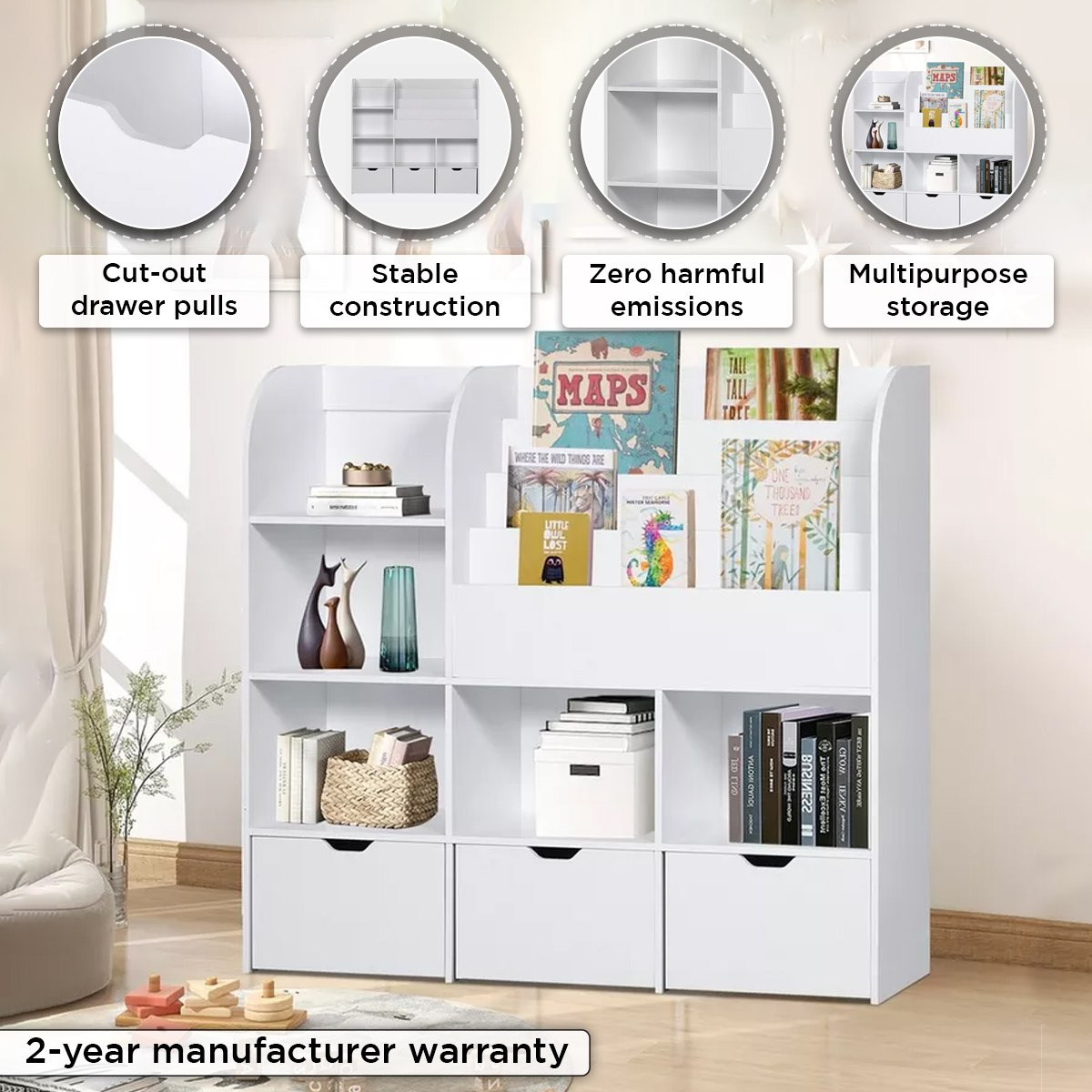 Movo Vanilla Cosmic Storage Cabinet and Bookcase with 3 Drawers-hbxfurniture-office-bookcases-image-4