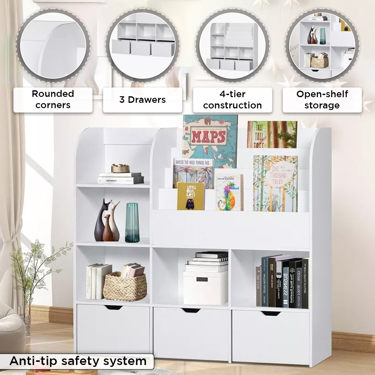 Movo Vanilla Cosmic Storage Cabinet and Bookcase with 3 Drawers-hbxfurniture-office-bookcases-image-5