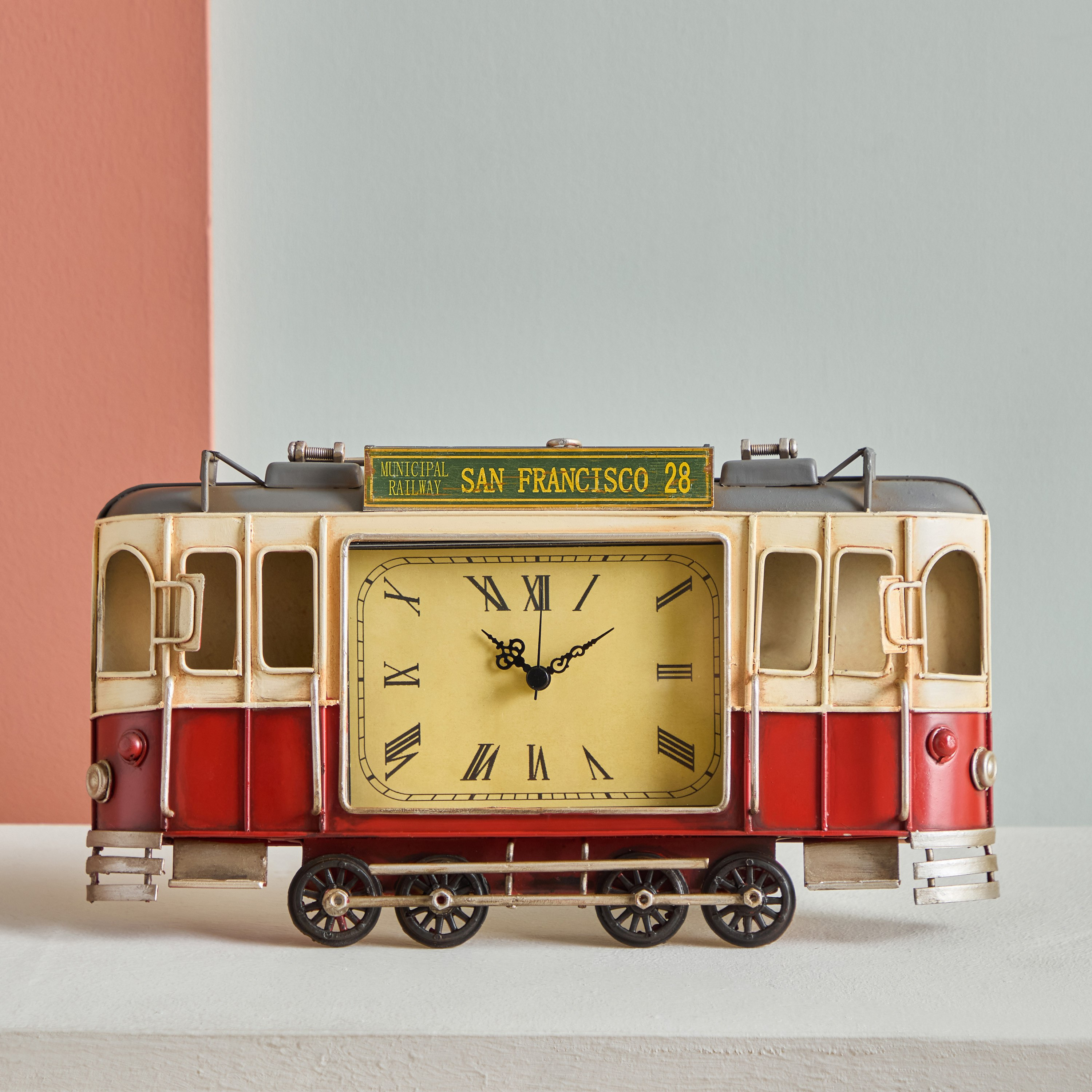ساعة ديكور طاولة ترام معدن من فينتدج - 29x5.5x17 سم-hbxdiningroom-decorandaccessories-clocks-image-1