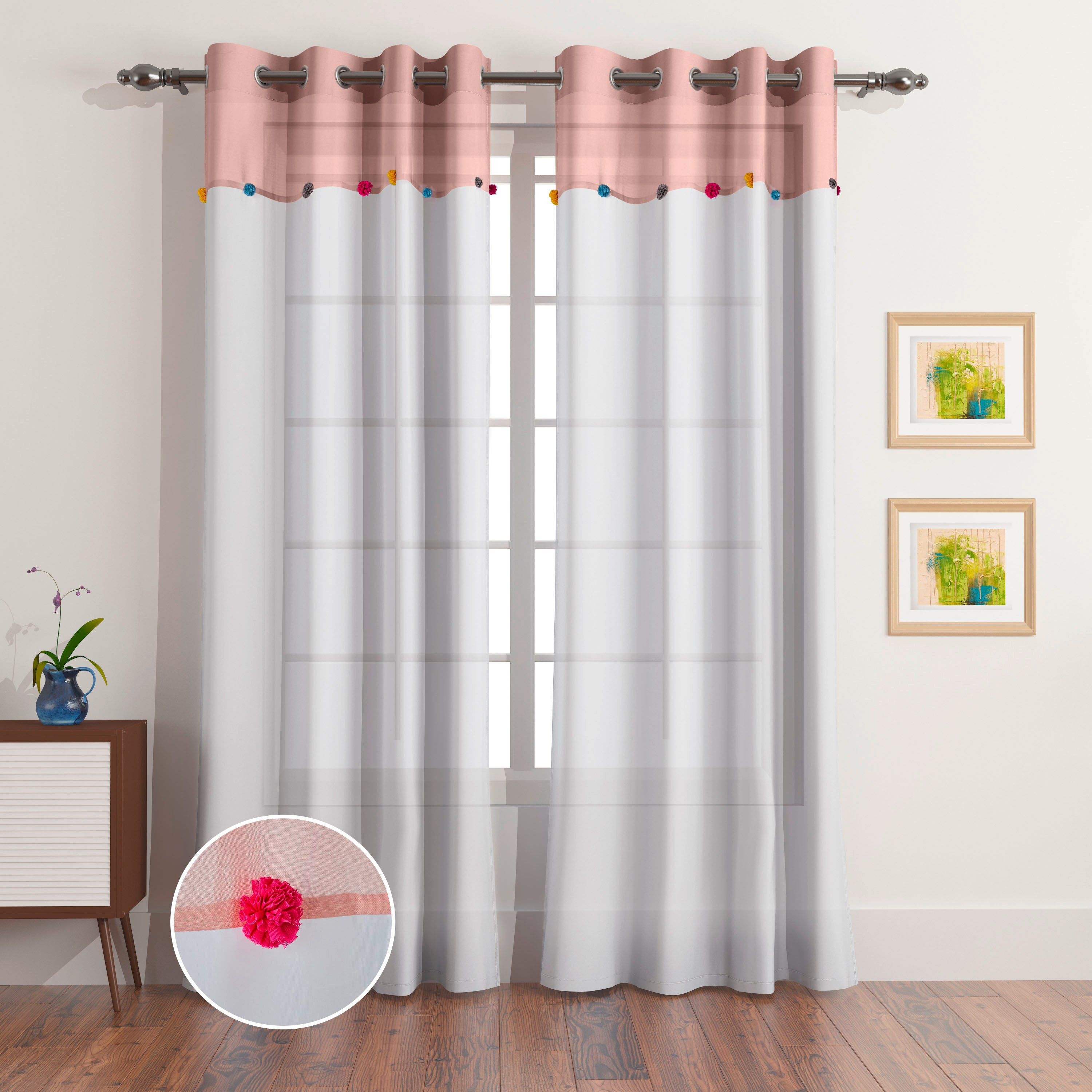 Flutterby 2-Piece Pompom Voile Sheer Curtain Set - 140x240 cm-hbxkidsandyouth-windowcoverings-curtains-image-1