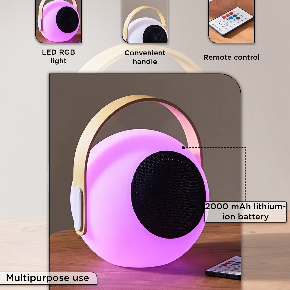 Solin RGB LED Multi Utility Speaker with Waterproof Remote Battery 8h - 18x22 cm-hbxdecorandfurnishings-homeaccessories-novelties-image-5