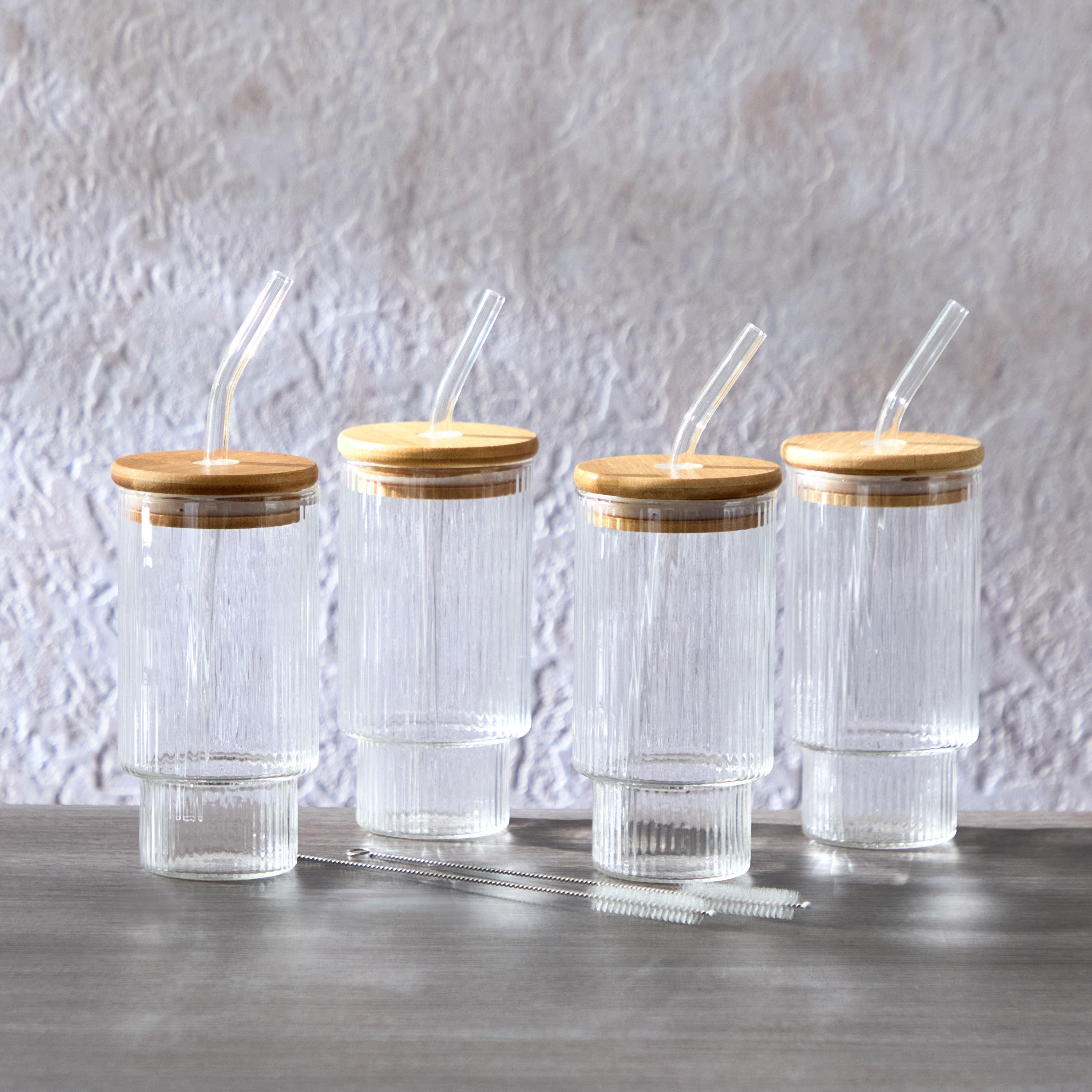 طقم أكواب مضلعة مع قشّات زجاجية وفرشاة من زين 4 قطع - 450 مل-hbxhomeware-hbxkitchen-image-1