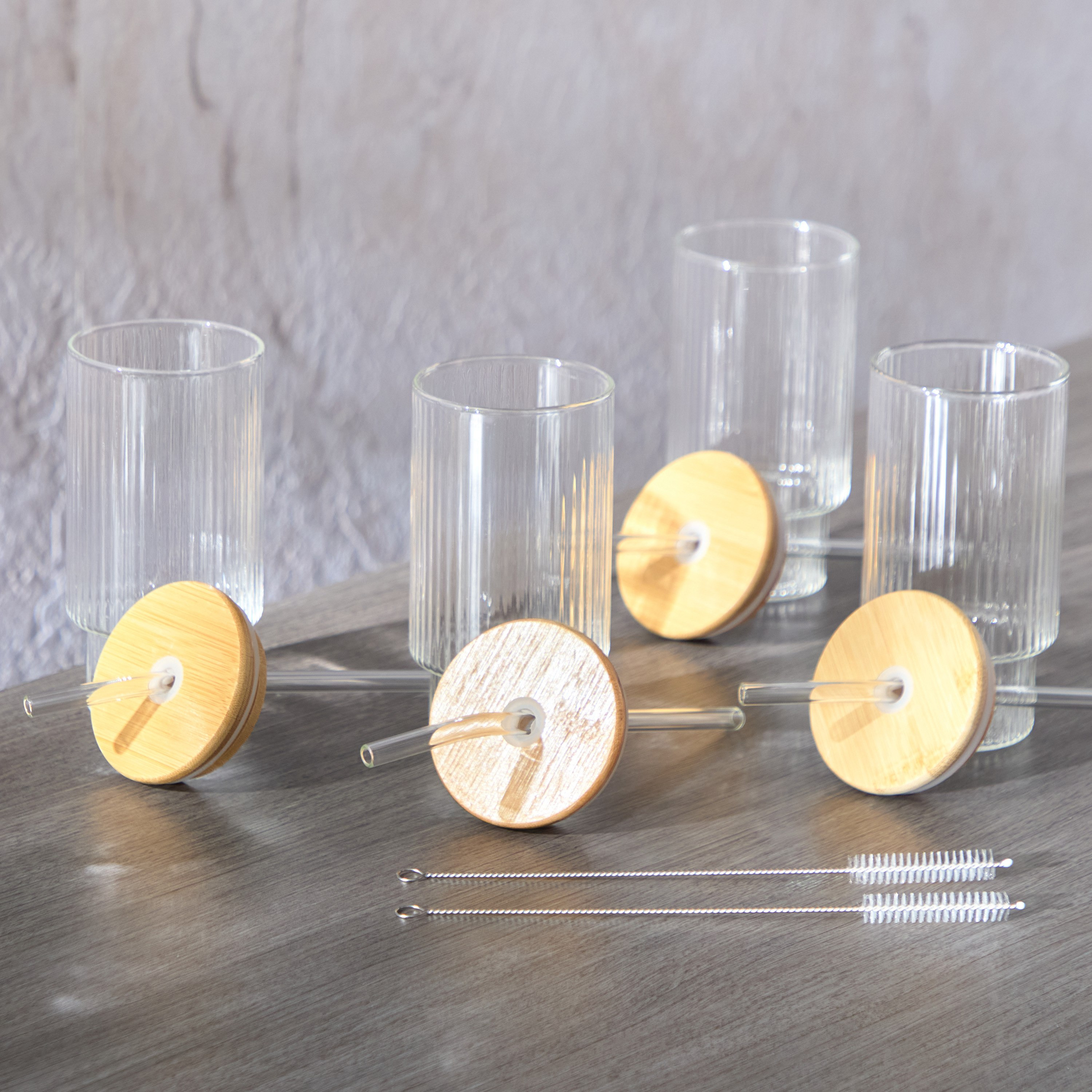 طقم أكواب مضلعة مع قشّات زجاجية وفرشاة من زين 4 قطع - 450 مل-hbxhomeware-hbxkitchen-image-2