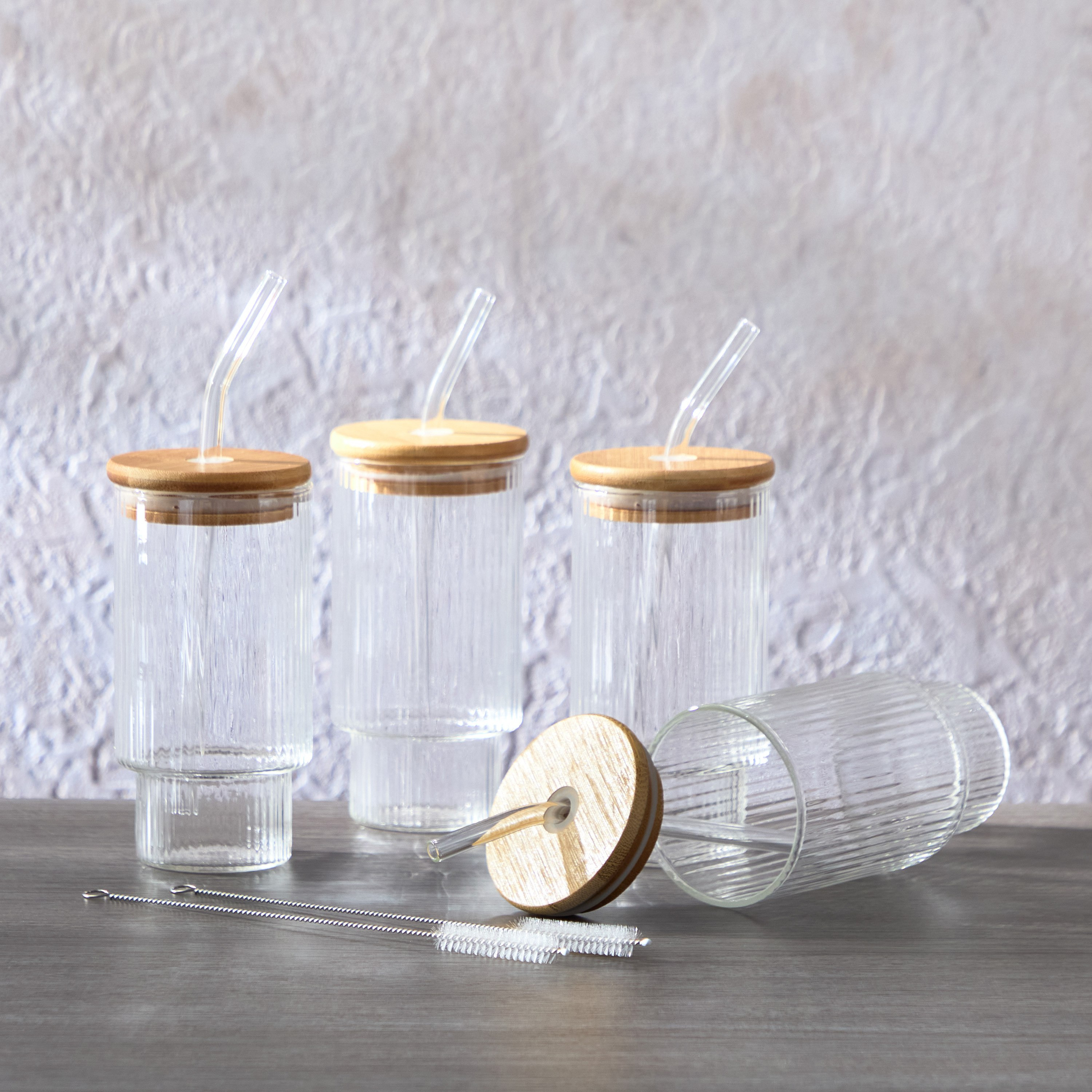 طقم أكواب مضلعة مع قشّات زجاجية وفرشاة من زين 4 قطع - 450 مل-hbxhomeware-hbxkitchen-image-5