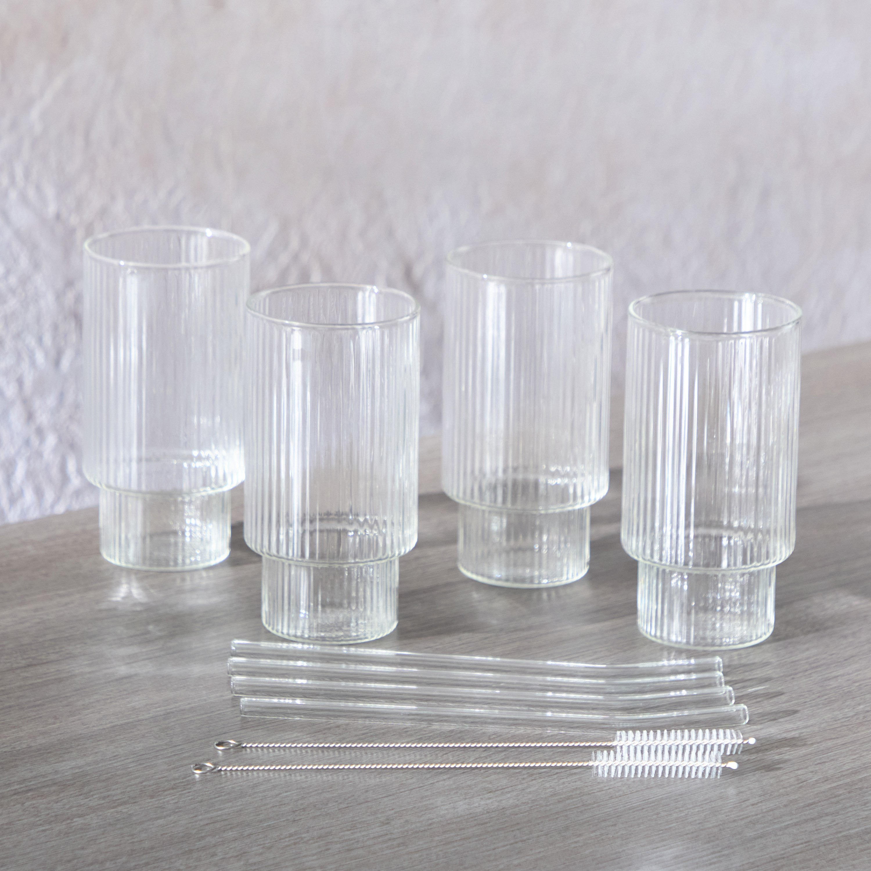 طقم أكواب شرب مضلعة 4 قطع مع قشّات زجاج وفرشاة من زين - 450 مل-hbxhomeware-hbxkitchen-image-2