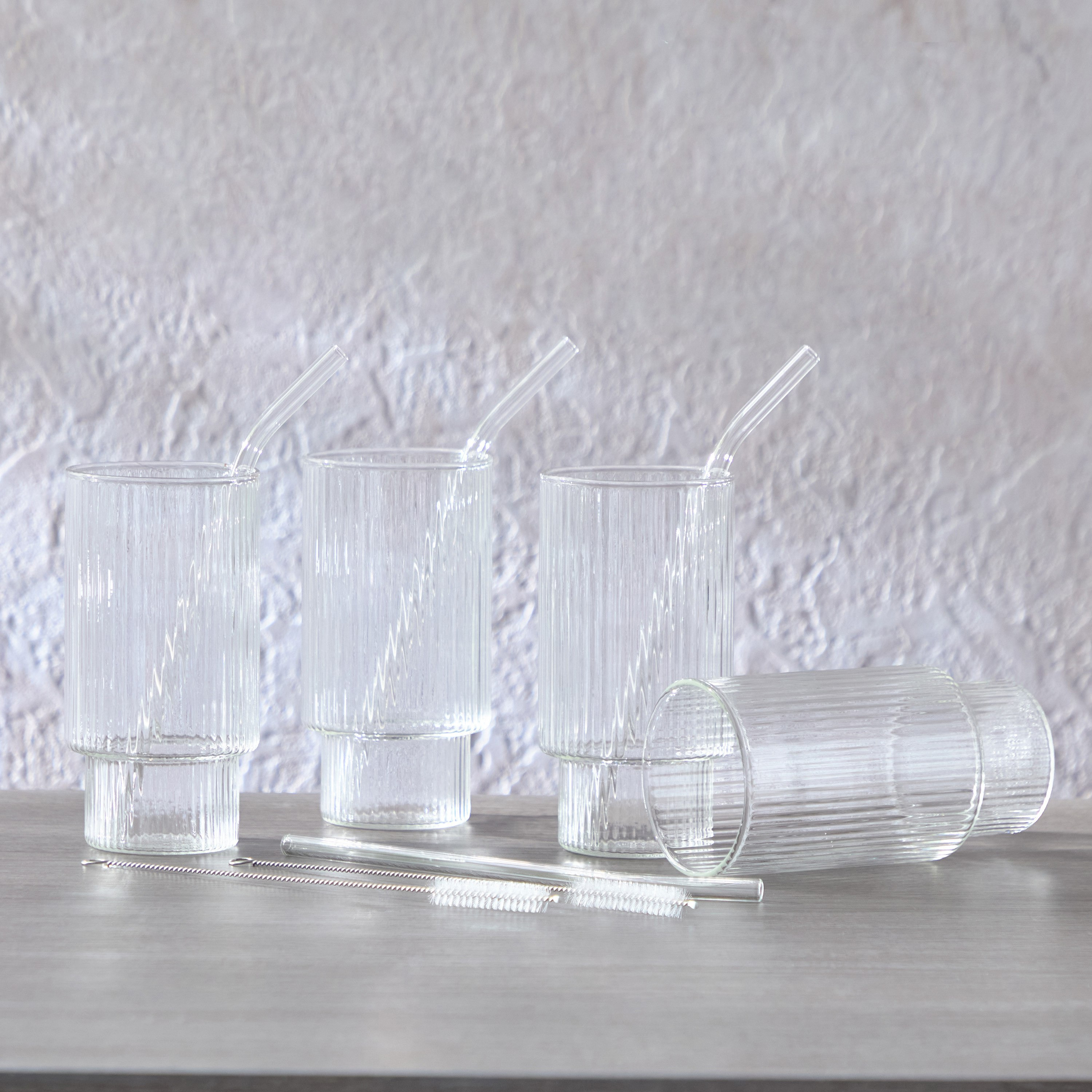 طقم أكواب شرب مضلعة 4 قطع مع قشّات زجاج وفرشاة من زين - 450 مل-hbxhomeware-hbxkitchen-image-5