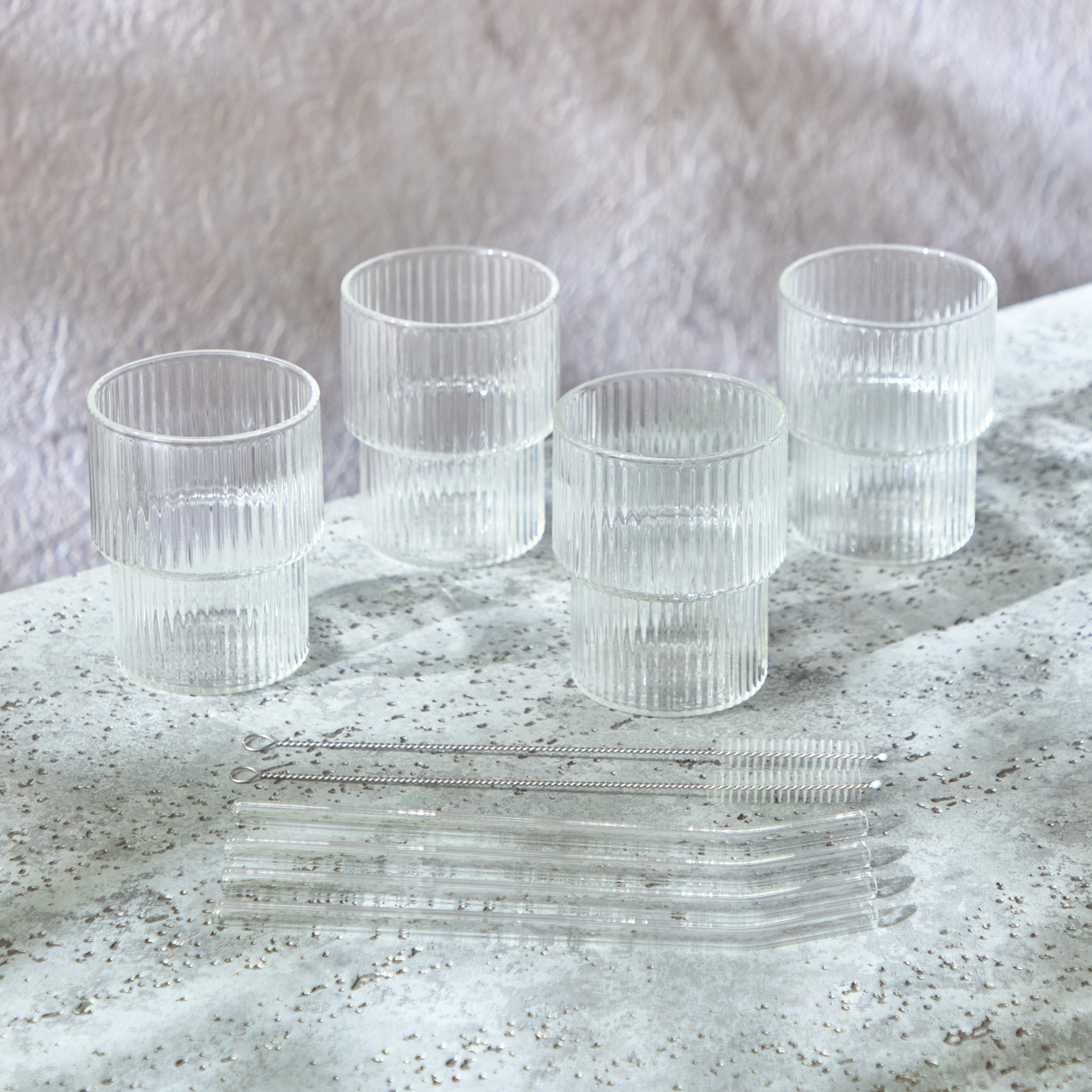 طقم أكواب مضلعة مع قشّات زجاجية وفرشاة من زين 4 قطع - 330 مل-hbxhomeware-hbxkitchen-image-2