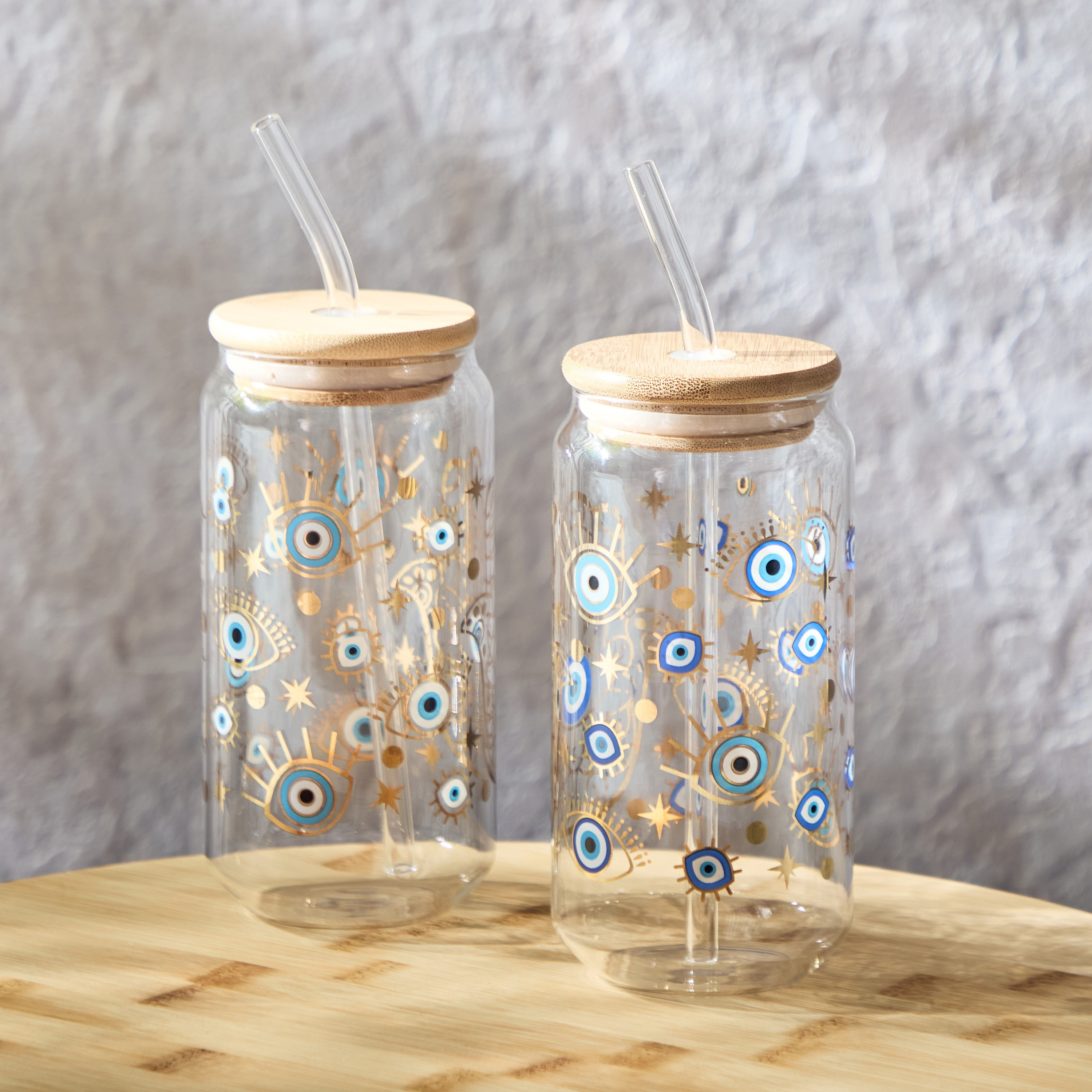 Zen Borosilicate 2-Piece Evil Eye Mason Jar with Straw Set - 450 ml-hbxhomeware-hbxkitchen-image-1