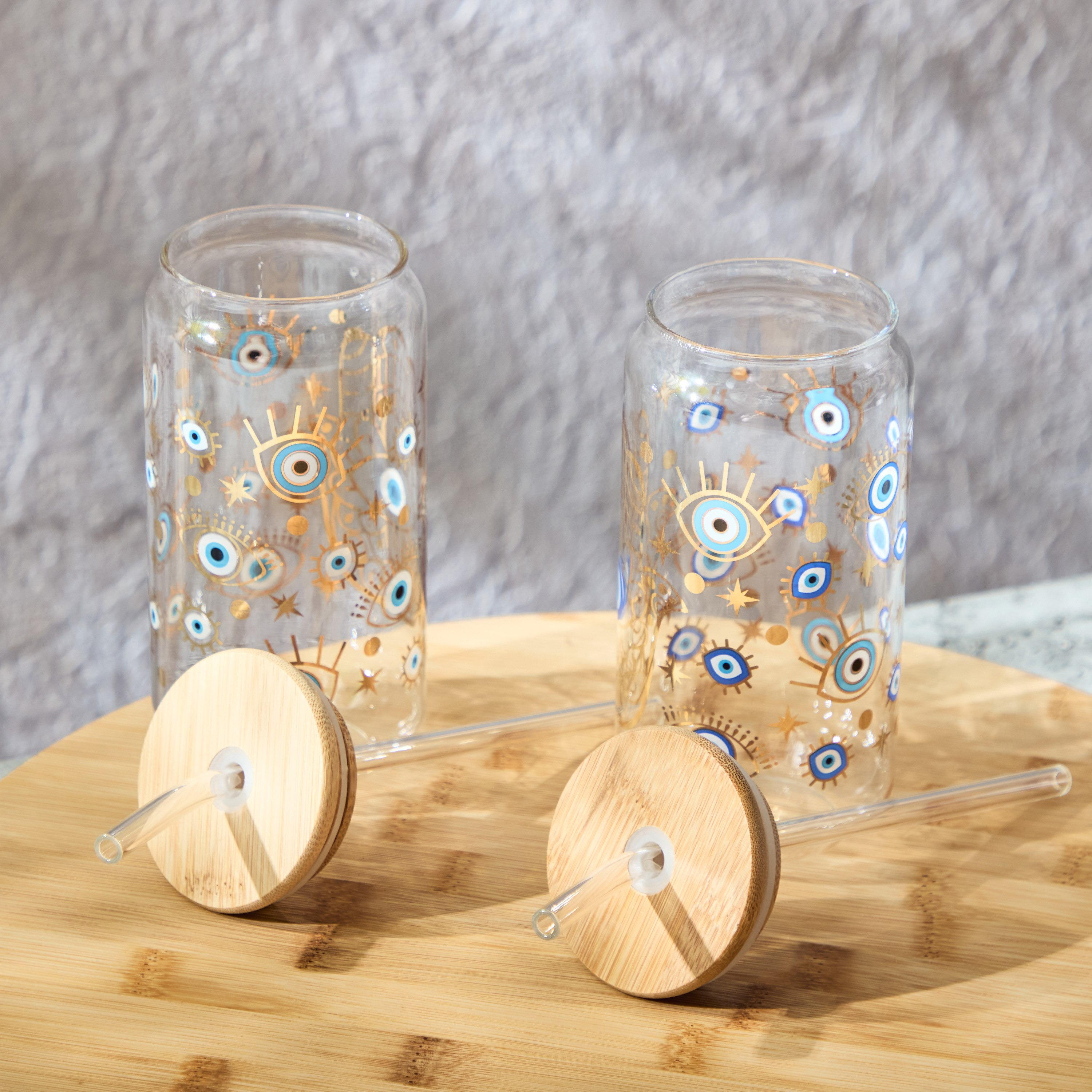 Zen Borosilicate 2-Piece Evil Eye Mason Jar with Straw Set - 450 ml-hbxhomeware-hbxkitchen-image-2