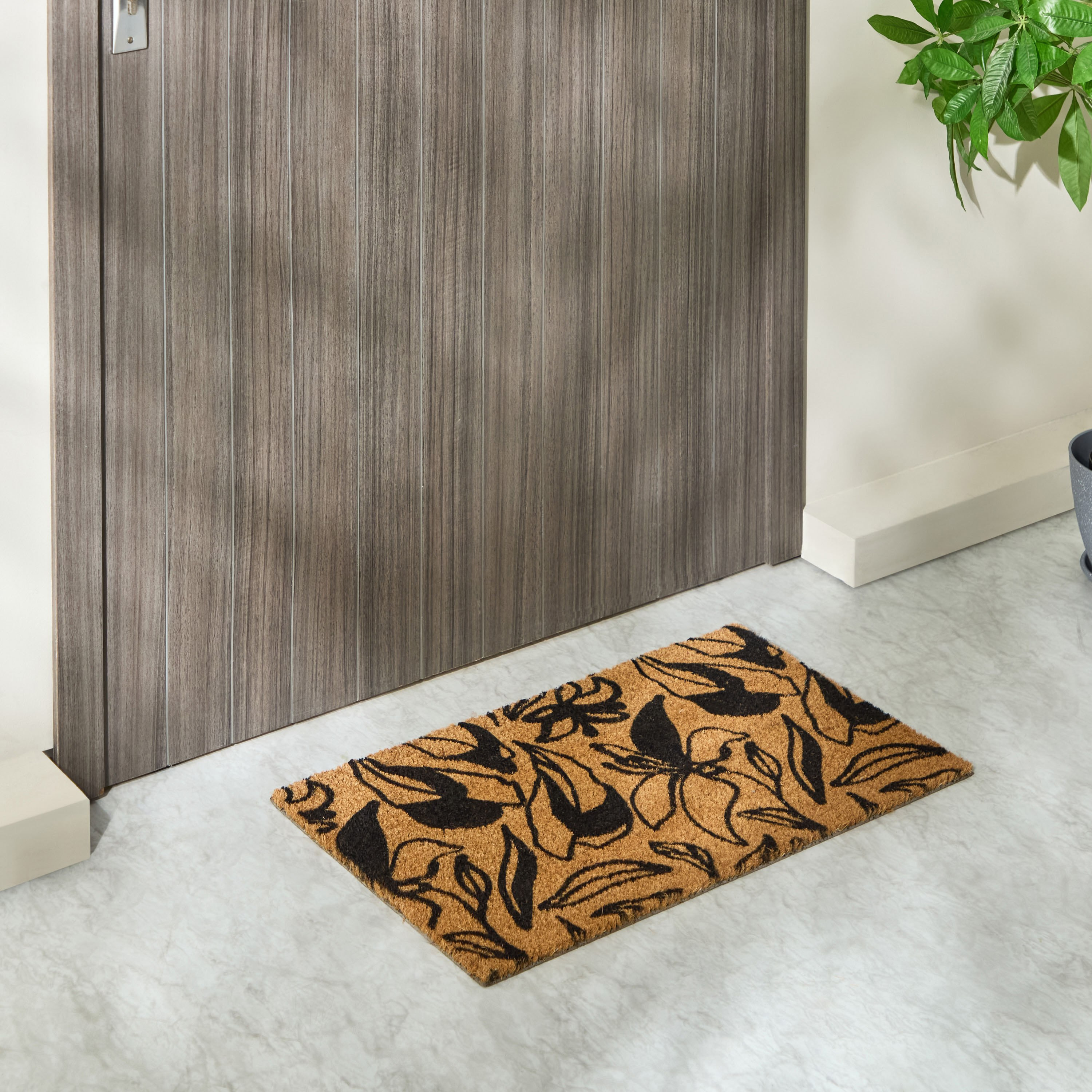 سجادة باب من ألياف جوز الهند بظهر لاتكس وطبعات ورق شجر - 40x75 سم-hbxhomeware-hbxlivingroom-image-1
