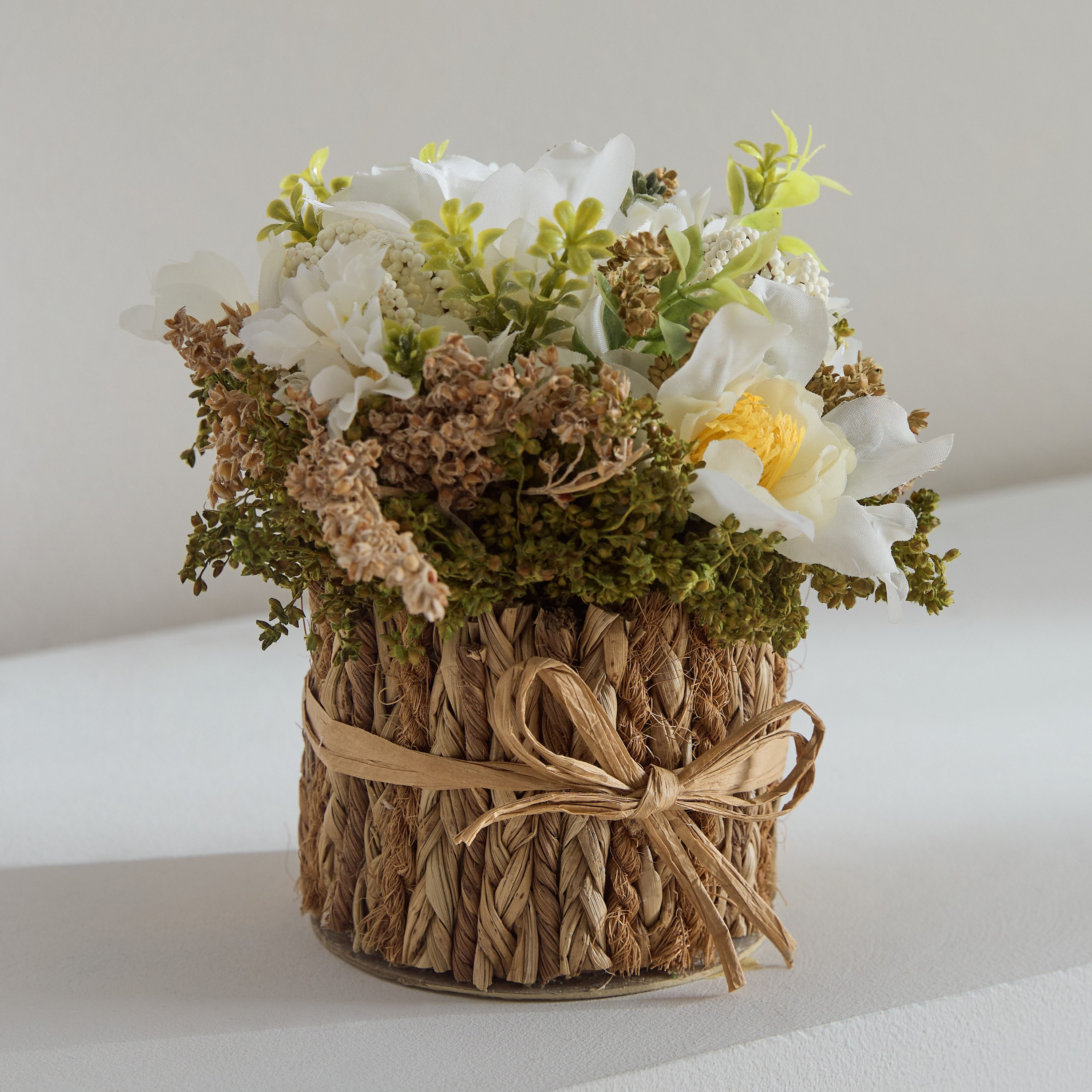 Caven Wild Rose and Daisy Arrangement in Round Woven Basket - 14x14x16 cm-hbxdecorandfurnishings-homeaccessories-artificialflowersandplants-image-1