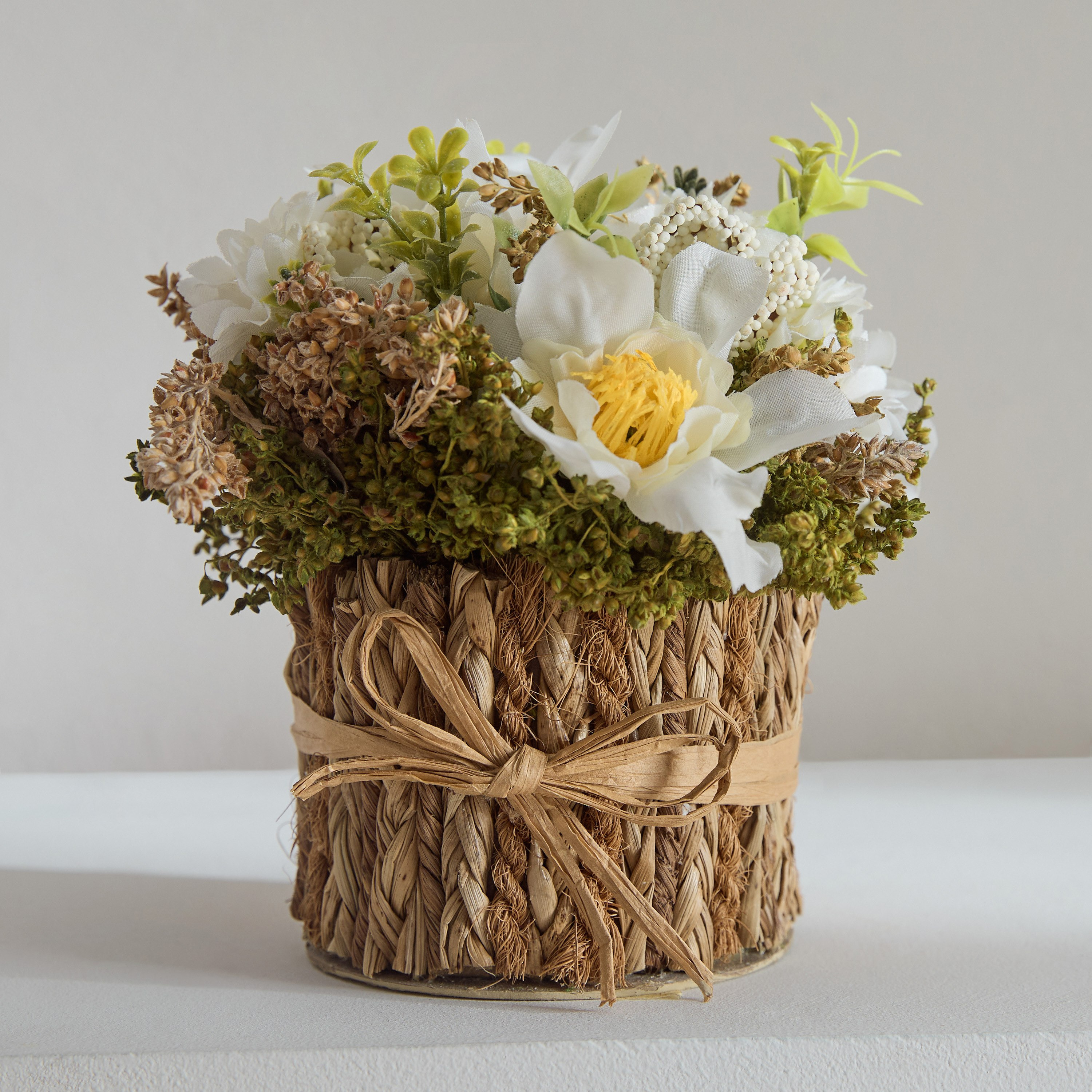 Caven Wild Rose and Daisy Arrangement in Round Woven Basket - 14x14x16 cm-hbxdecorandfurnishings-homeaccessories-artificialflowersandplants-image-2
